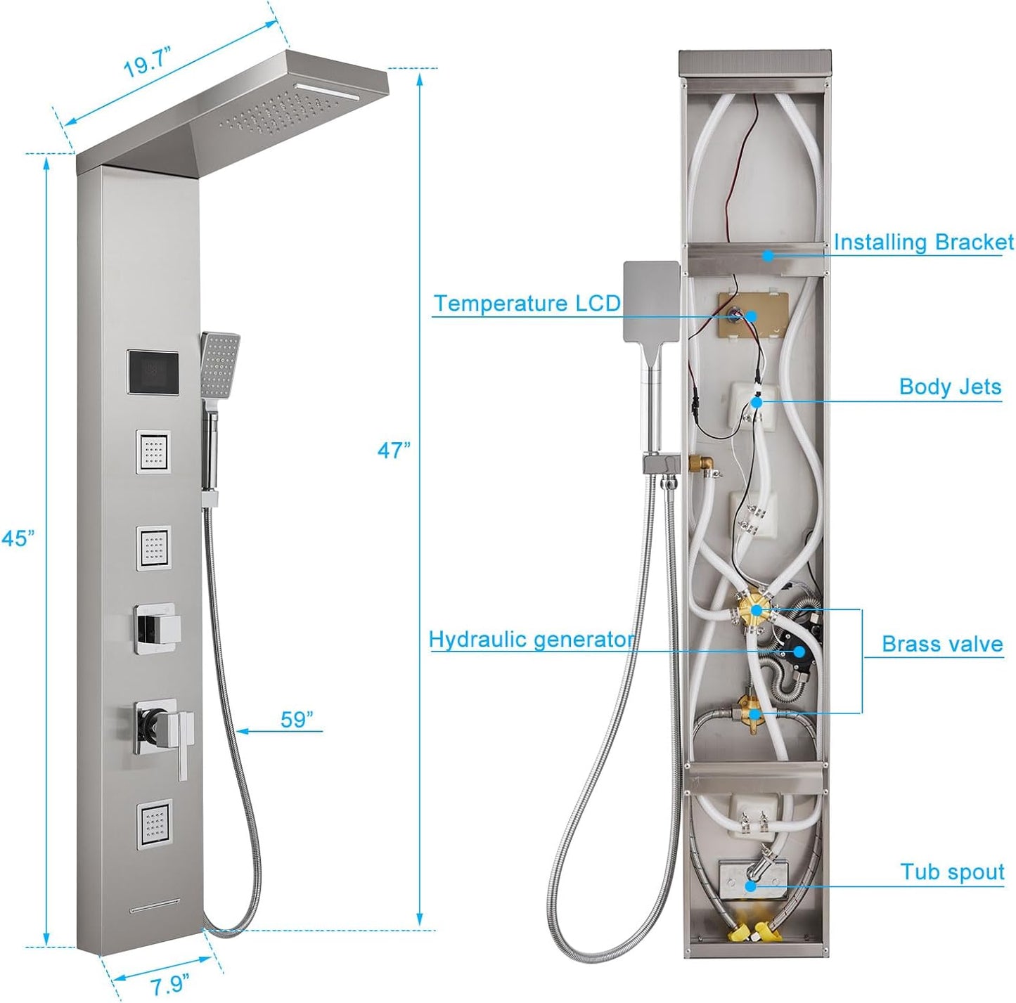 LED Shower Panel Tower System Black, MENATT 304 Stainless Steel 5-Function Shower Panel Rainfall Waterfall Shower Rain Massage System with Body Jets