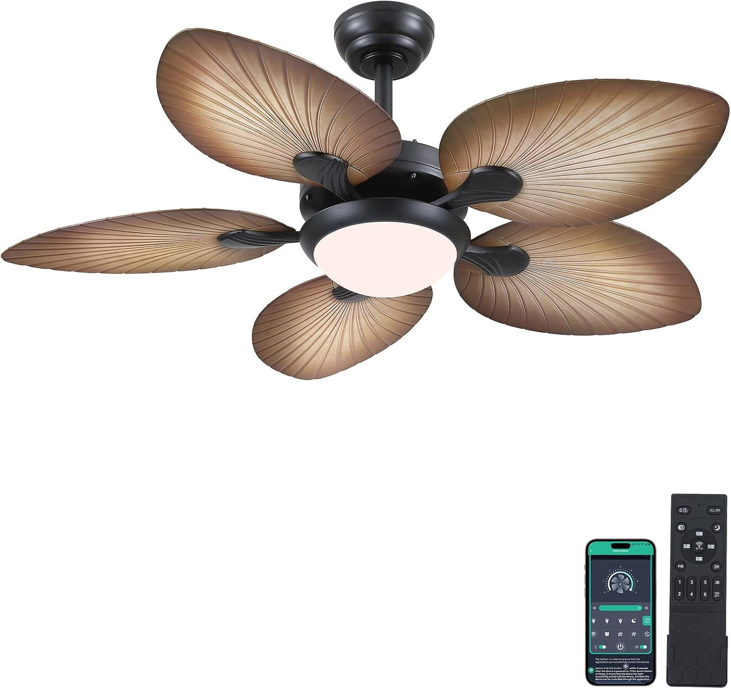 Wiviniya Ceiling Fans with Lights and Remote/APP Control, 44 Inch Tropical Palm Leaf Ceiling Fan with LED Lights, Outdoor Ceiling Fans for Patios Porch, Reversible Quiet Motor, Dimmable, Light Brown