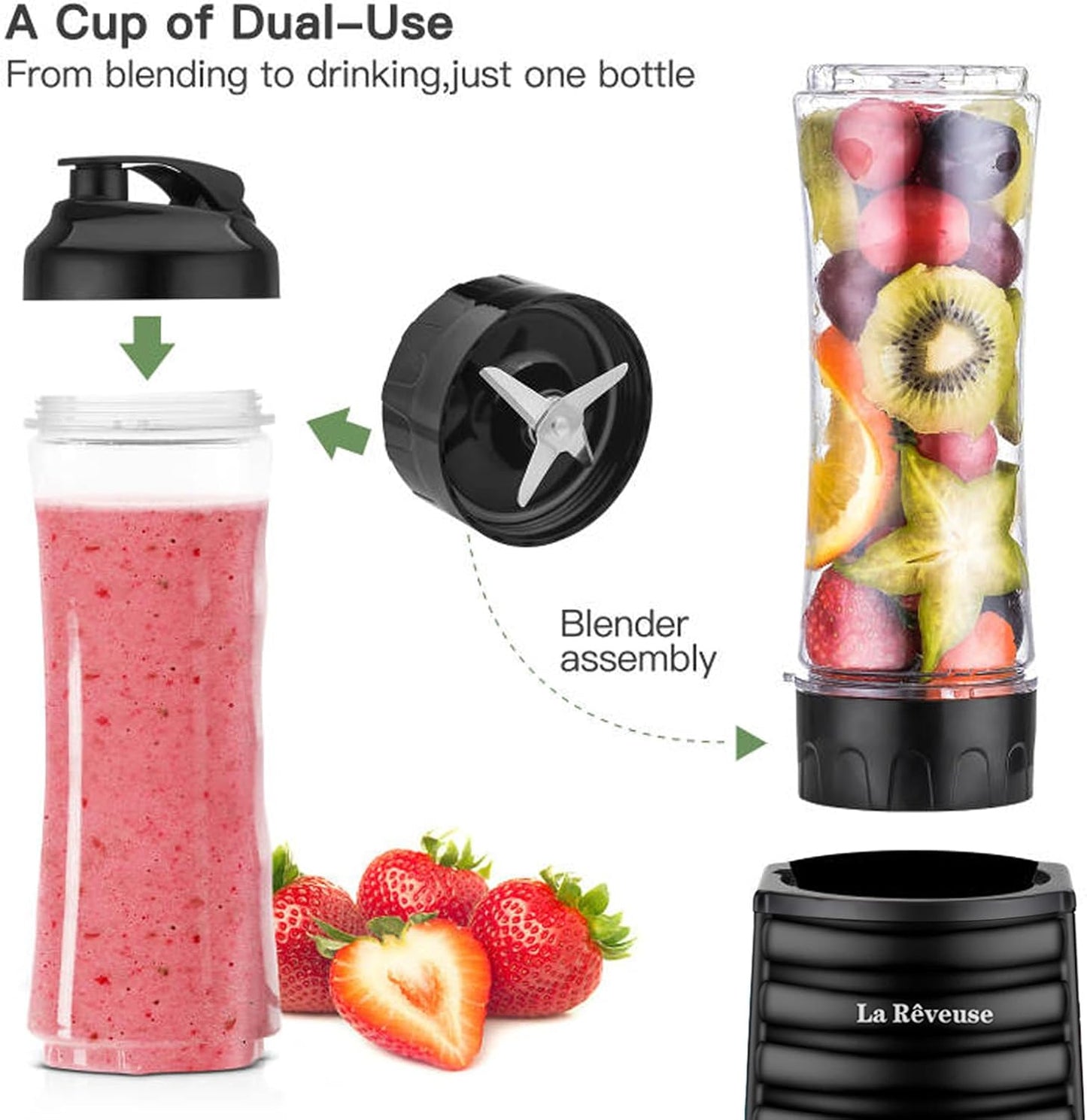 La Reveuse Smoothies Blender Personal Size 300 Watts with 2 Pieces 18 oz BPA Free Portable Travel Sports Bottles (Silver 2 Cups)