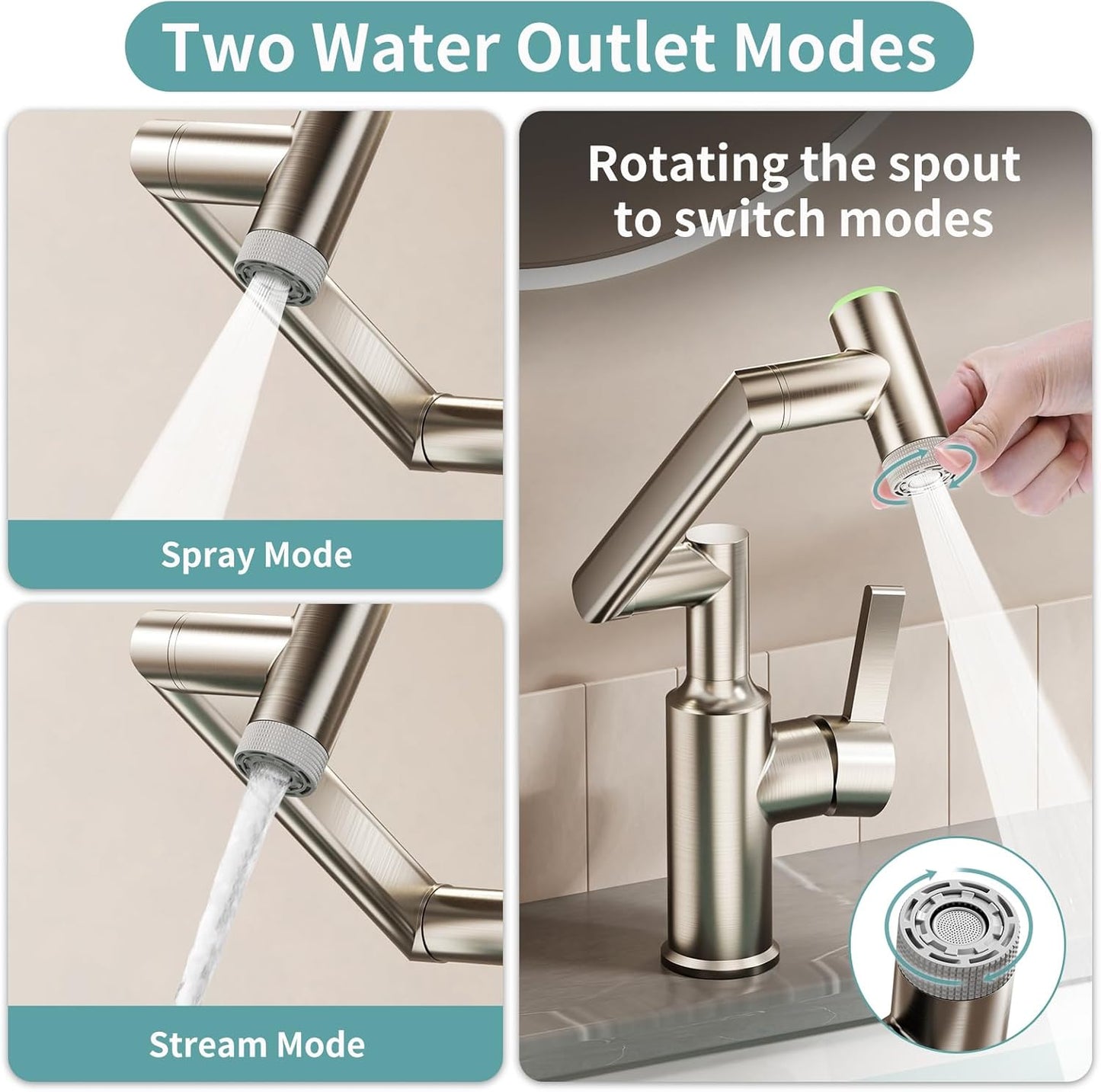 EAARSUO Single Hole Rotatable Bathroom Faucet with Temperature Display, Single Handle Modern Rotating Bathroom Sink Faucet 1 Hole, 1080 Degree Swivel Faucet with 2 Water Outlet Modes (Black)