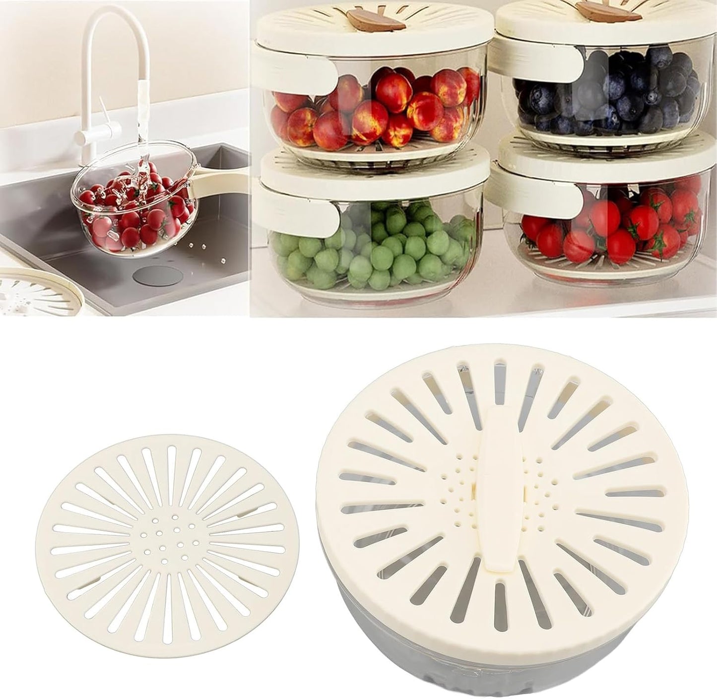 Fruit Vegetable Draining Bowl, Kitchen Strainer with Foldable Handle, Lid, Drain Tray, Rotating Fruit and Vegetable Washing Colander for Salad Mixing, Fruit Washing (White)