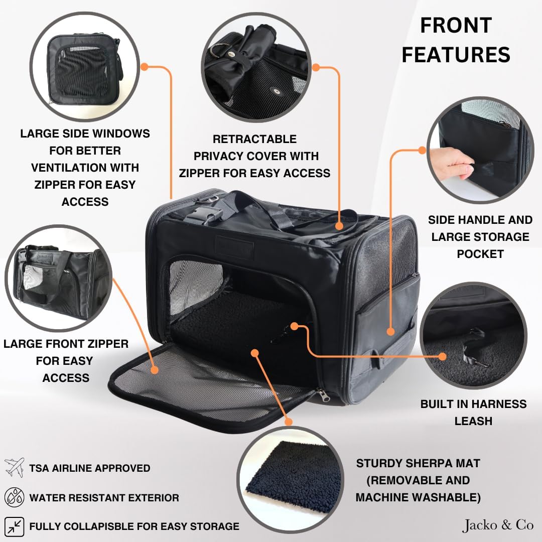 JACKO & CO - Premium Dog & Cat Carrier, TSA Airline Approved with Luggage Loop, Soft-Sided Travel Carrier Bag for Pets, Small Dogs, Puppies, Kittens up to 10lbs, Ventilated Windows & Fully Collapsible