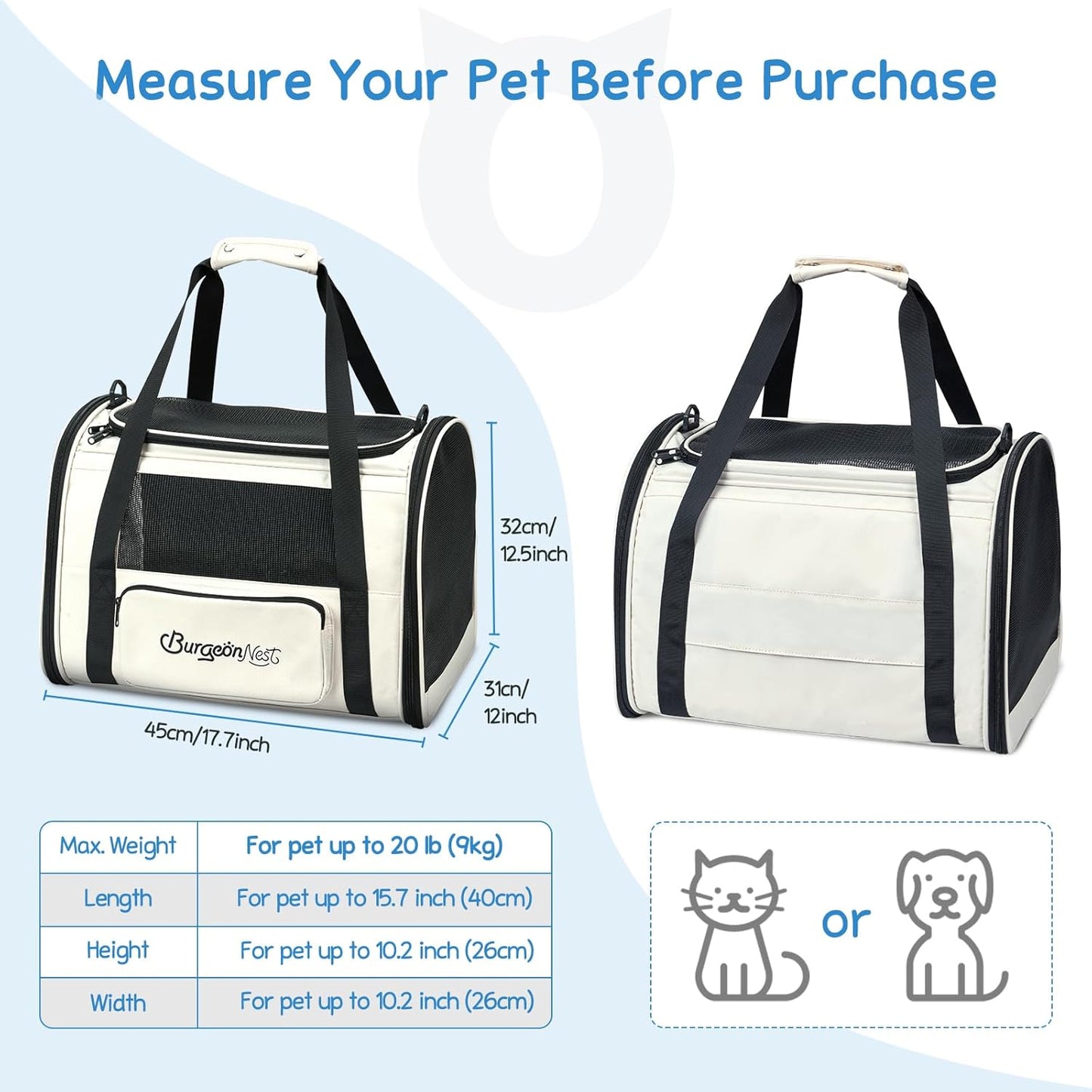 BurgeonNest Cat Carriers for Medium Cats Under 25 lbs, Pet Carrier for Cats with Unique Side Bag,Top Load Small Pet Carrier Soft-Sided Escape Proof with 4 Ventilated Windows