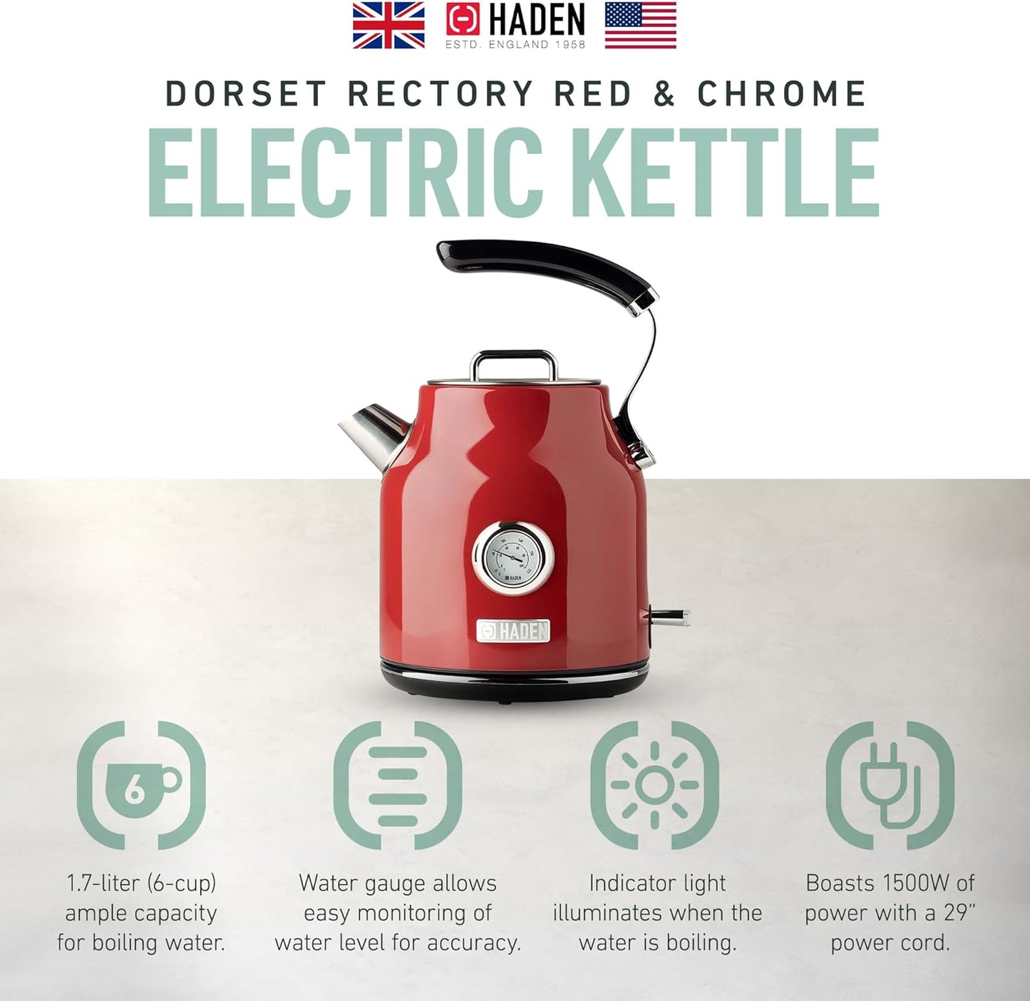Haden Dorset 75070 Retro Stainless Steel Tea Kettle, 1500W Hot Water Kettle Electric Kettles for Boiling Water, 1.7L Black/Copper Electric Tea Kettles Automatic Shut Off, Boil-Dry Protection Tea Pots