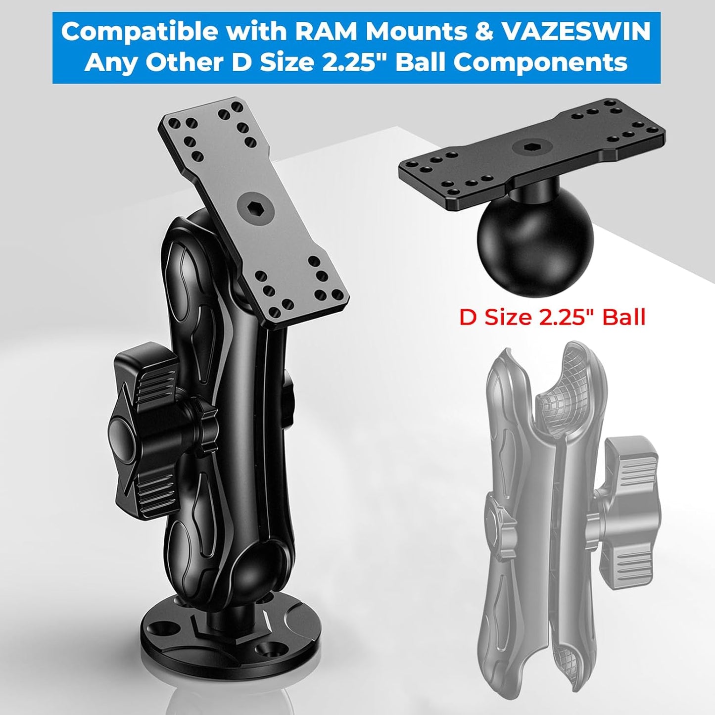 VAZESWIN 2.25" Ball Large Fish Finder Mount, Aluminum Alloy Universal Marine Electronic Mounting Plate for Garmin, Lowrance and More, Compatible with RAM Mounts D Size 2.25" Ball Double Socket Arm