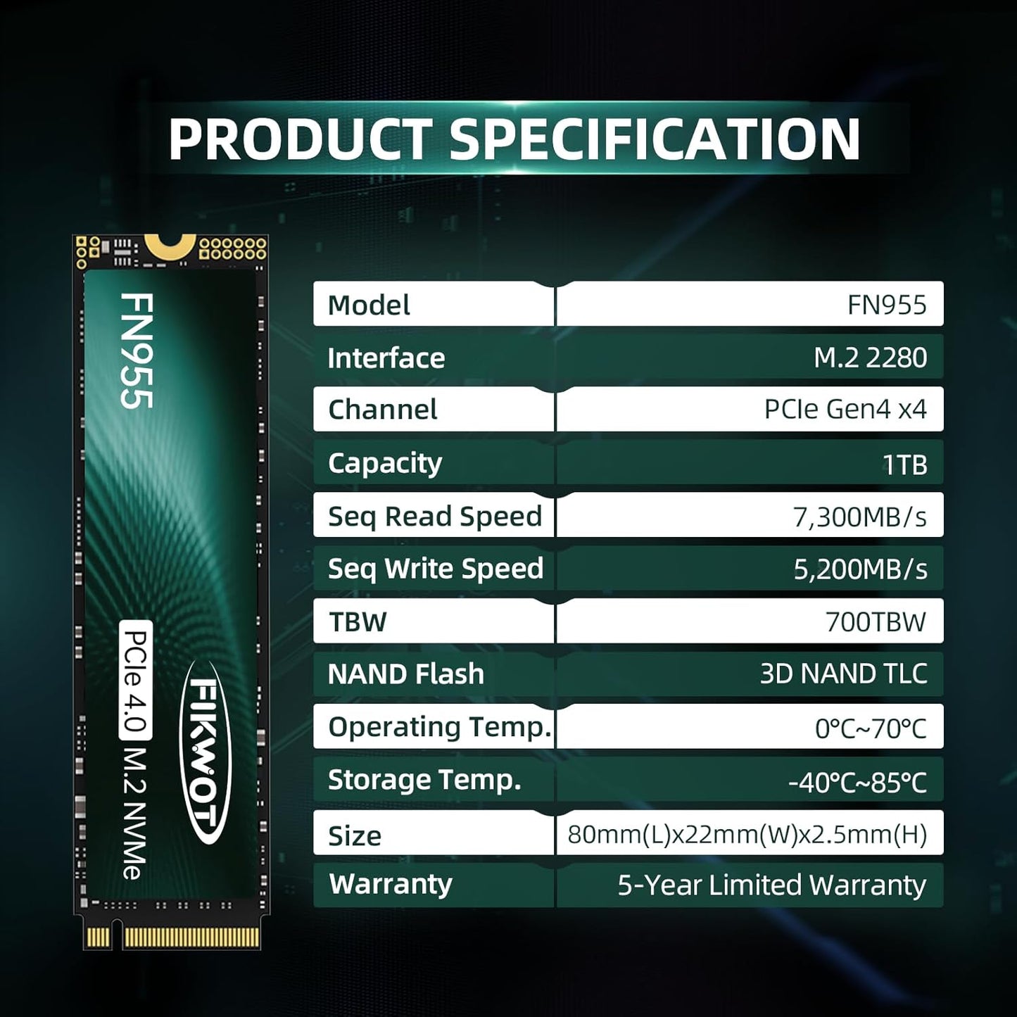Fikwot FN970 2TB M.2 2280 PCIe Gen4 x4 NVMe 1.4 Internal Solid State Drive with Heatsink - Speeds up to 7,400MB/s, Configure DRAM Cache, Compatible PS5 Internal SSD
