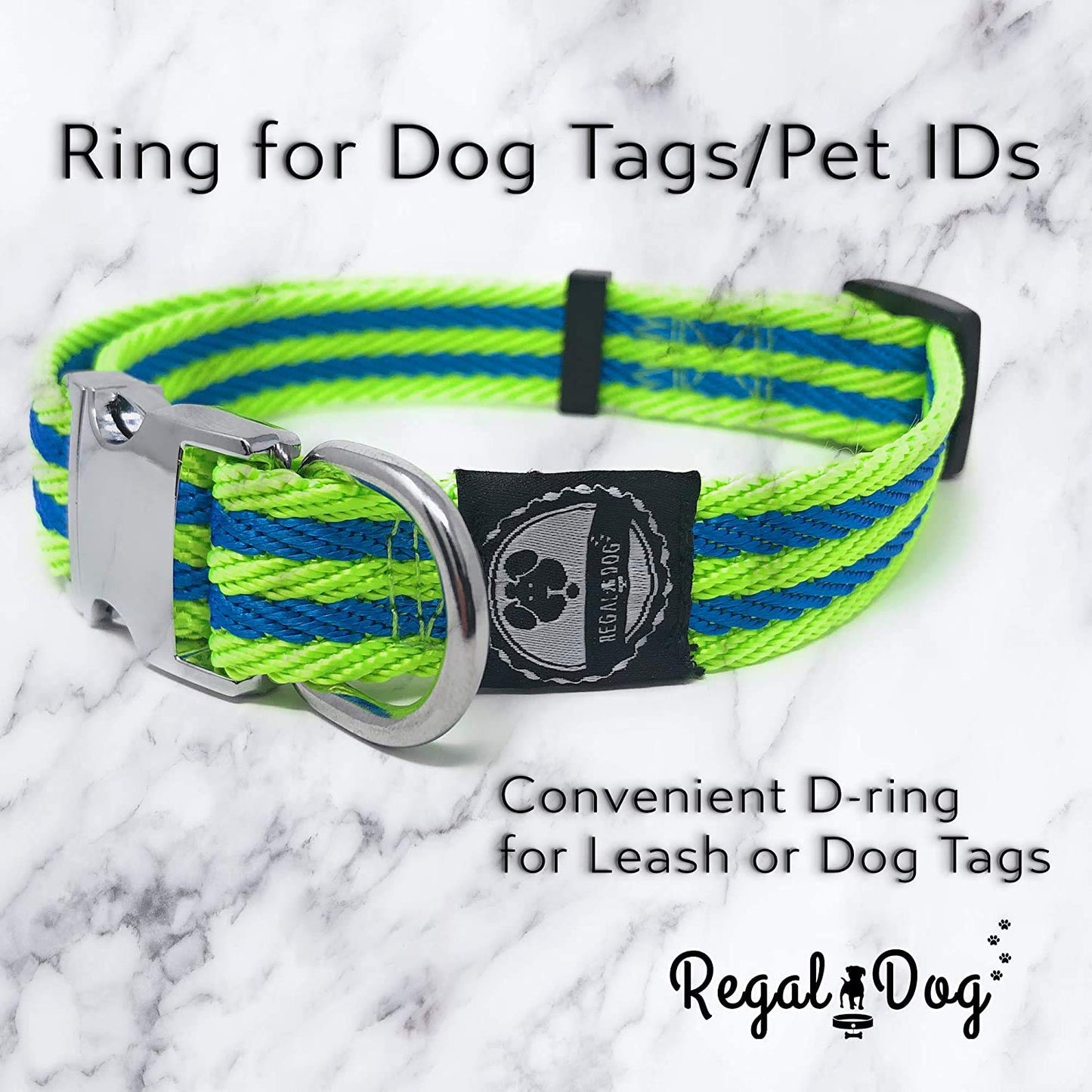 Regal Dog Products Pet Collar with Metal Buckle and D Ring | Durable Dog Collar with Reinforced Metal Clasp and Nylon Webbing Adjustable Dog Collar to fit for Large Dogs (Large, Blue/Gray Stripe)