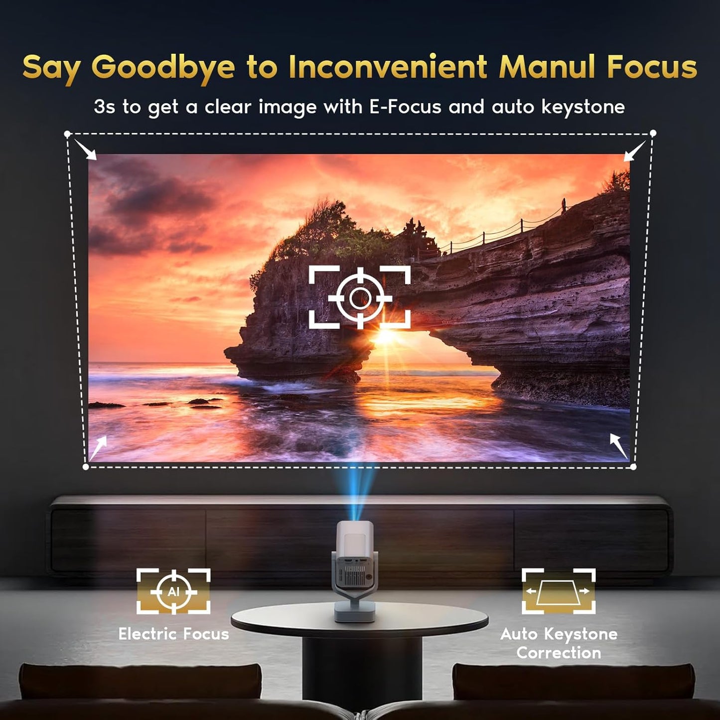 【Short Throw/Built-in Apps】 1080P Smart Mini Projector with WiFi 6 and Bluetooth, Auto Keystone Outdoor Movie Projector, 270°Adjustable Home Portable Projector for Phone/TV Stick/Laptop/HDMI