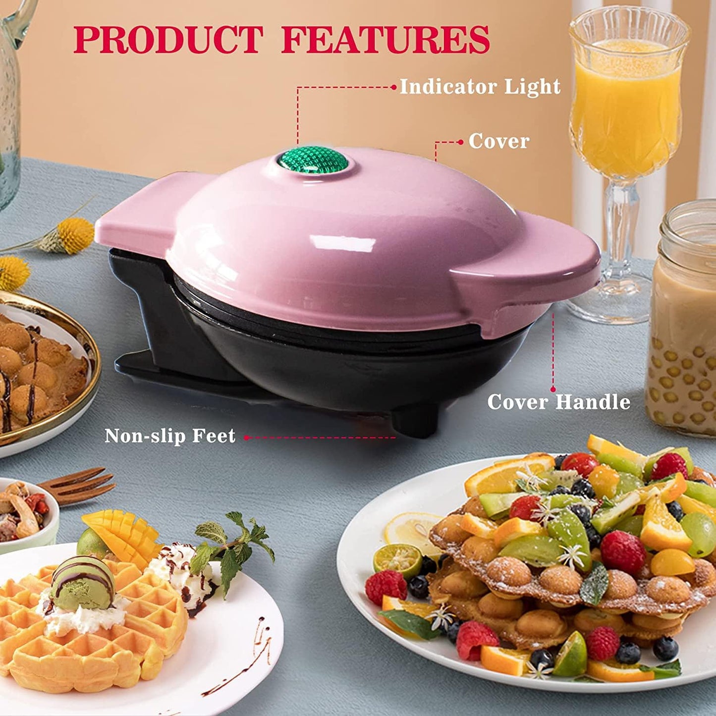 Mini Maker Waffle Maker 5“ Non-Stick Waffler Iron Stuffler Stuffed Wafflera Adjustable Browning Control, Heart, Pink