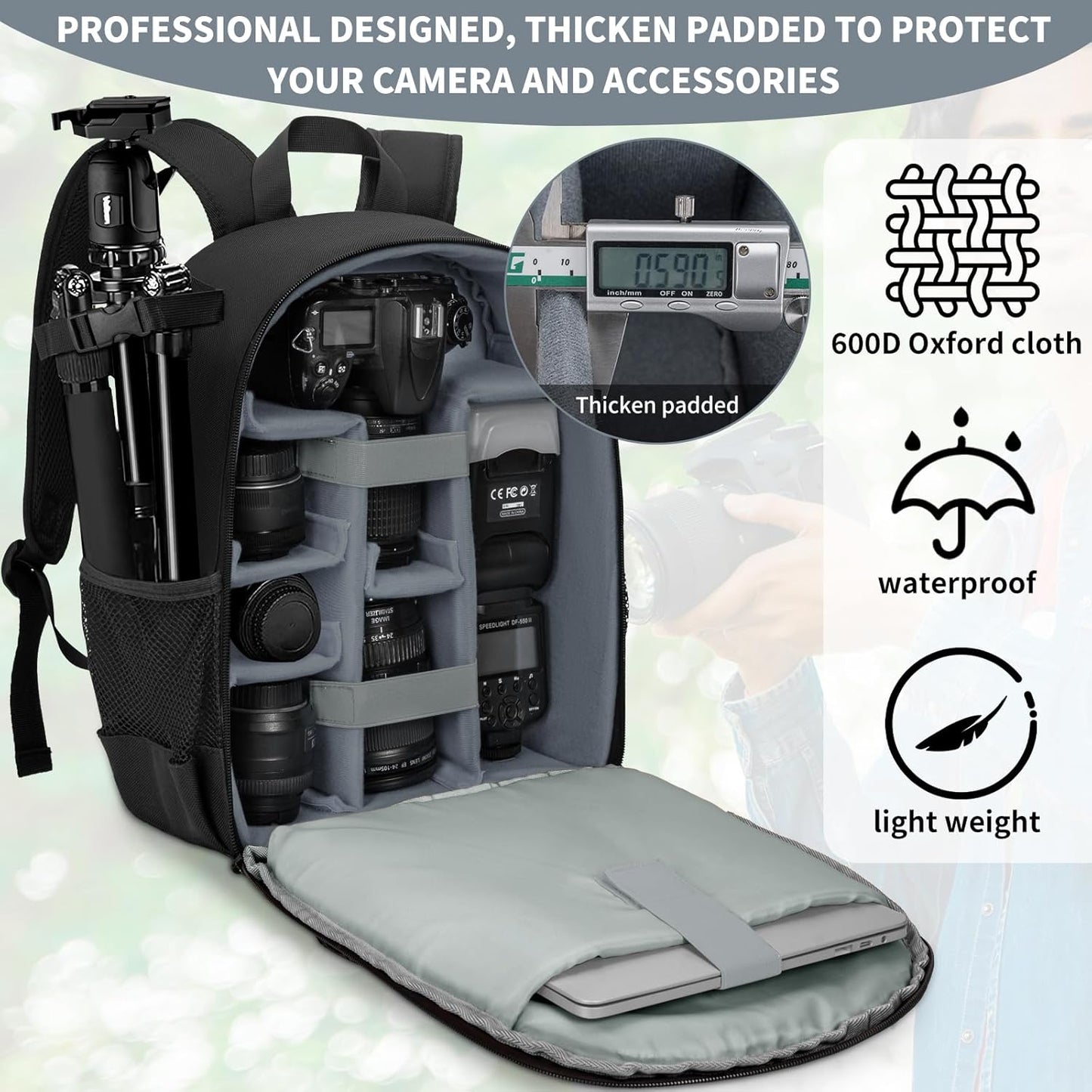 IPEB Camera Backpack Bag with Tripod Holder Water Resistant Camera Cases Photography Backpack Anti-Theft for DSLR Camera