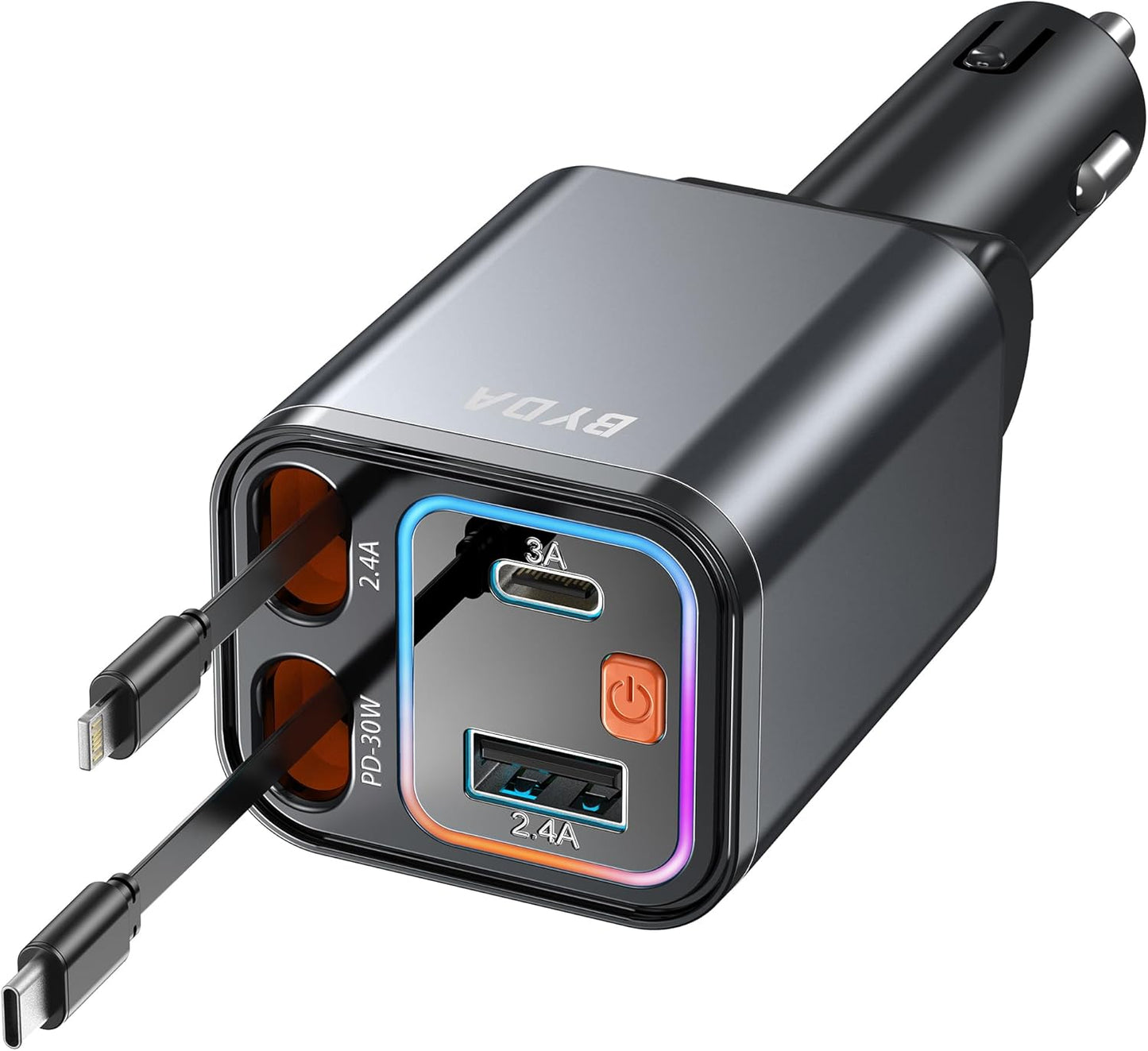 4 in 1 Retractable Car Charger,69W Fast Charging USB C for iPhone 16/15/14/13/12,iPad,Android,Galaxy,Pixel,Cigarette Lighter Adapter (Light-ning+USB-C)