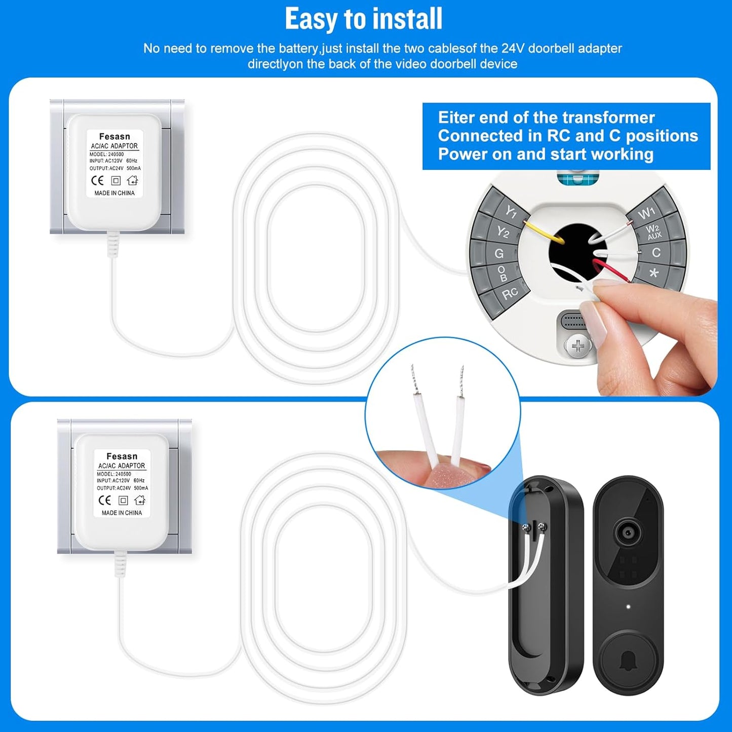 Fesasn 24V C Wire Doorbell Adapter Compatible with Nest Honeywell Ecobee Sensi Thermostat and Wyze Ring Video Doorbell (26.2 FT Long Cable with White)