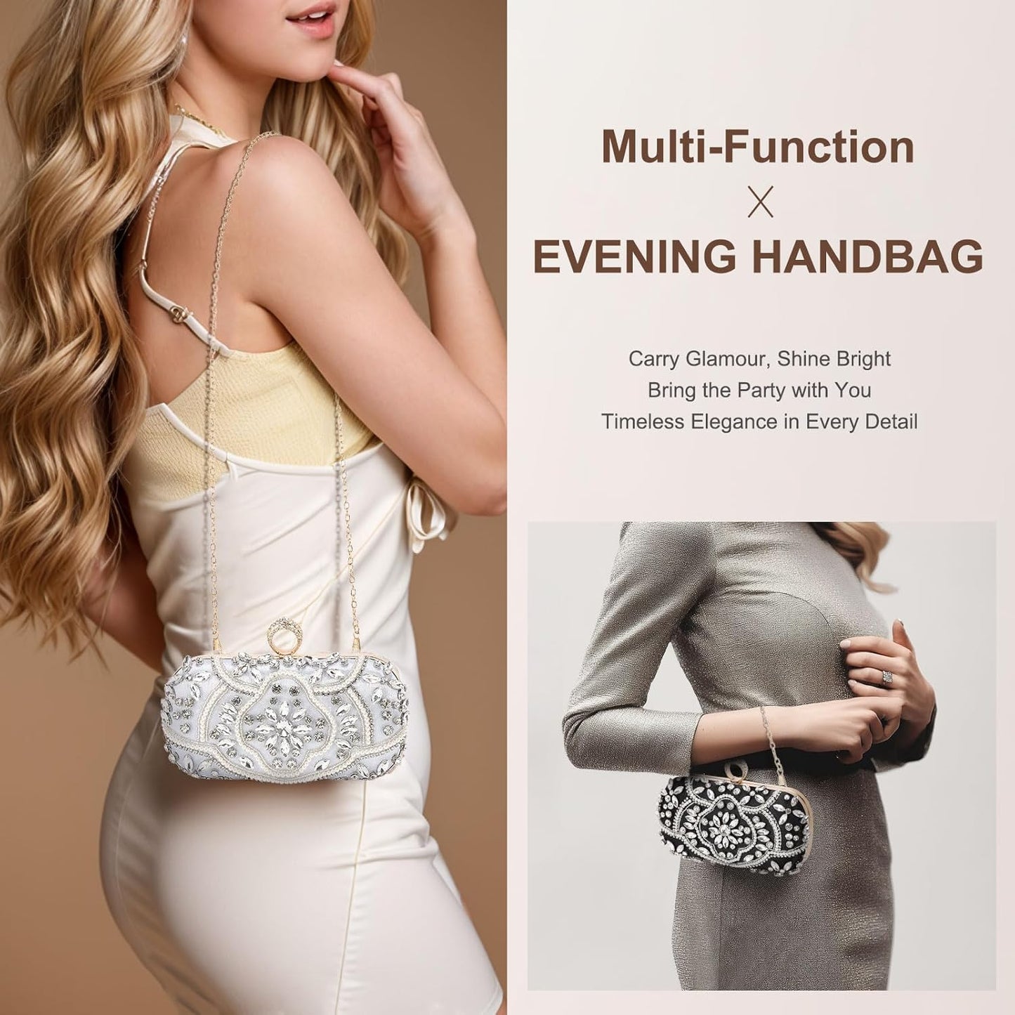 DTGN Evening Bags Clutch Purses for Women Formal, Beaded Clutch Rhinestone Handbags Shoulder Bag with Chain Sparkly