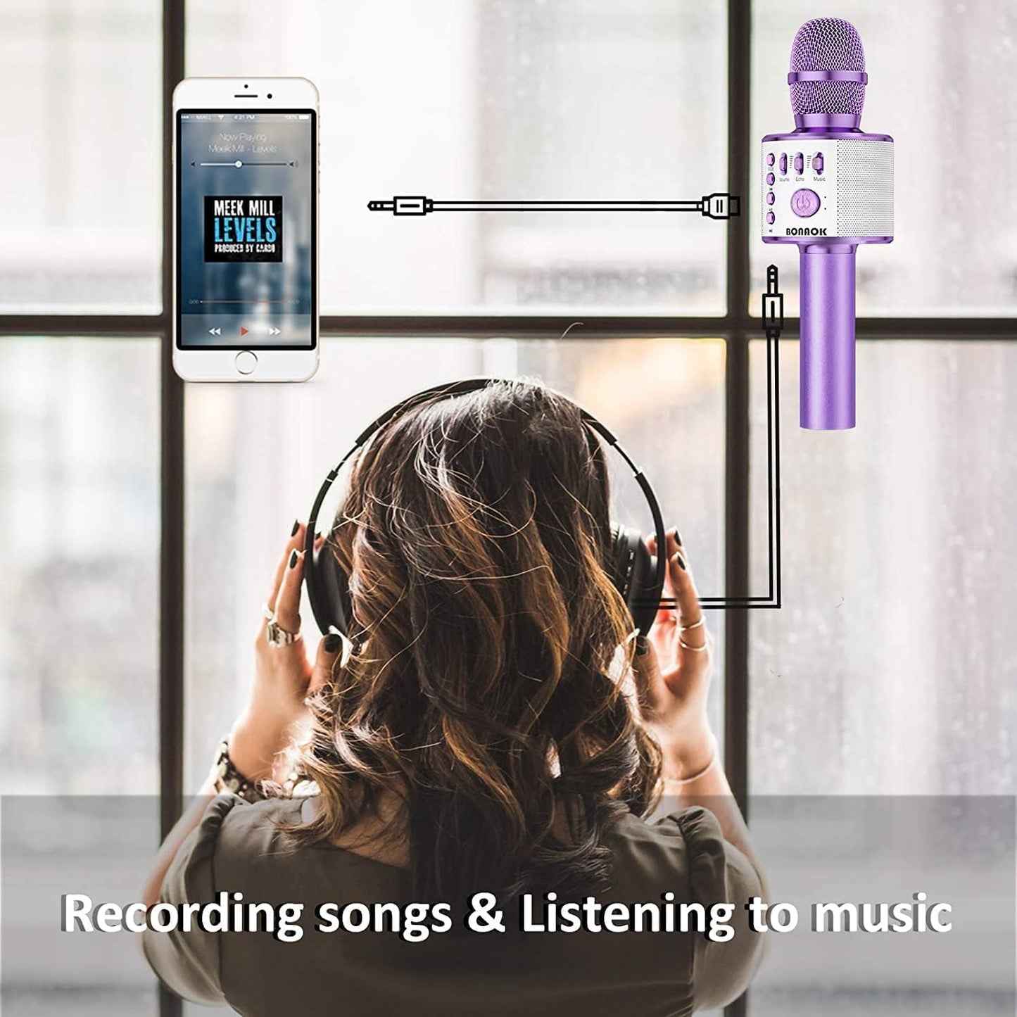 BONAOK Wireless Bluetooth Karaoke Microphone,3-in-1 Portable Instrument Wireless Microphone Mic Speaker Machine Home Party Birthday for All Smartphones(Black)