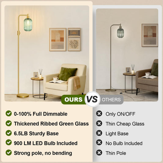 Upgraded】 Dimmable Floor Lamp for Living Room with Green Ribbed Glass Lampshade, Gold Modern Floor Lamp with 900LM LED Bulb Included, Arc Standing Tall Lamp for Bedroom, Office, Reading Room, Corner