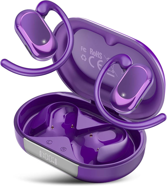 Open Ear Headphones, Bluetooth 5.4 Earphones 36H Playtime Air Conduction Headphones with Mic, Adjustable Earhook Earbuds with ENC Clear Calls/LED Display, IPX7 Waterproof Open Ear Earbuds Dark Purple