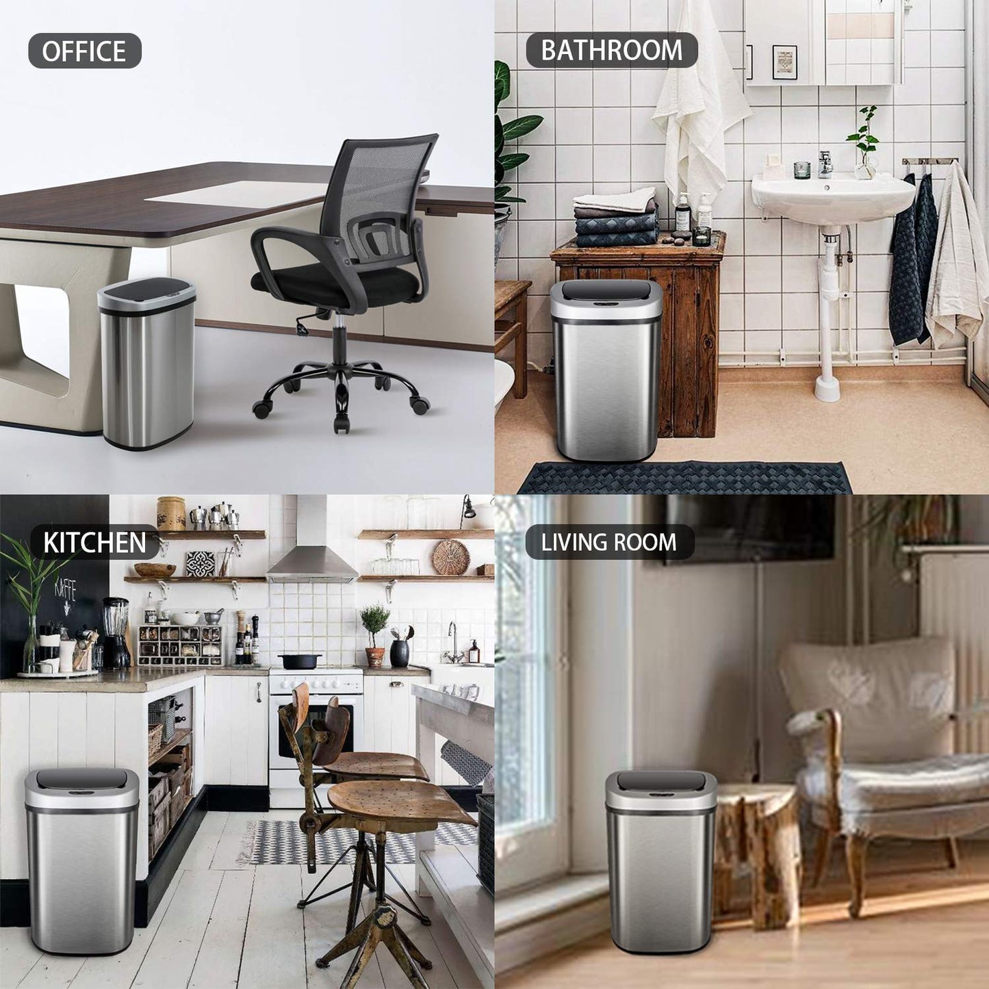 13 Gallon Sensor Garbage Can Stainless Steel Kitchen Garbage Can with Lid Antomatic Garbage can for Kitchen Office Bedroom Bathroom Living Room,Black