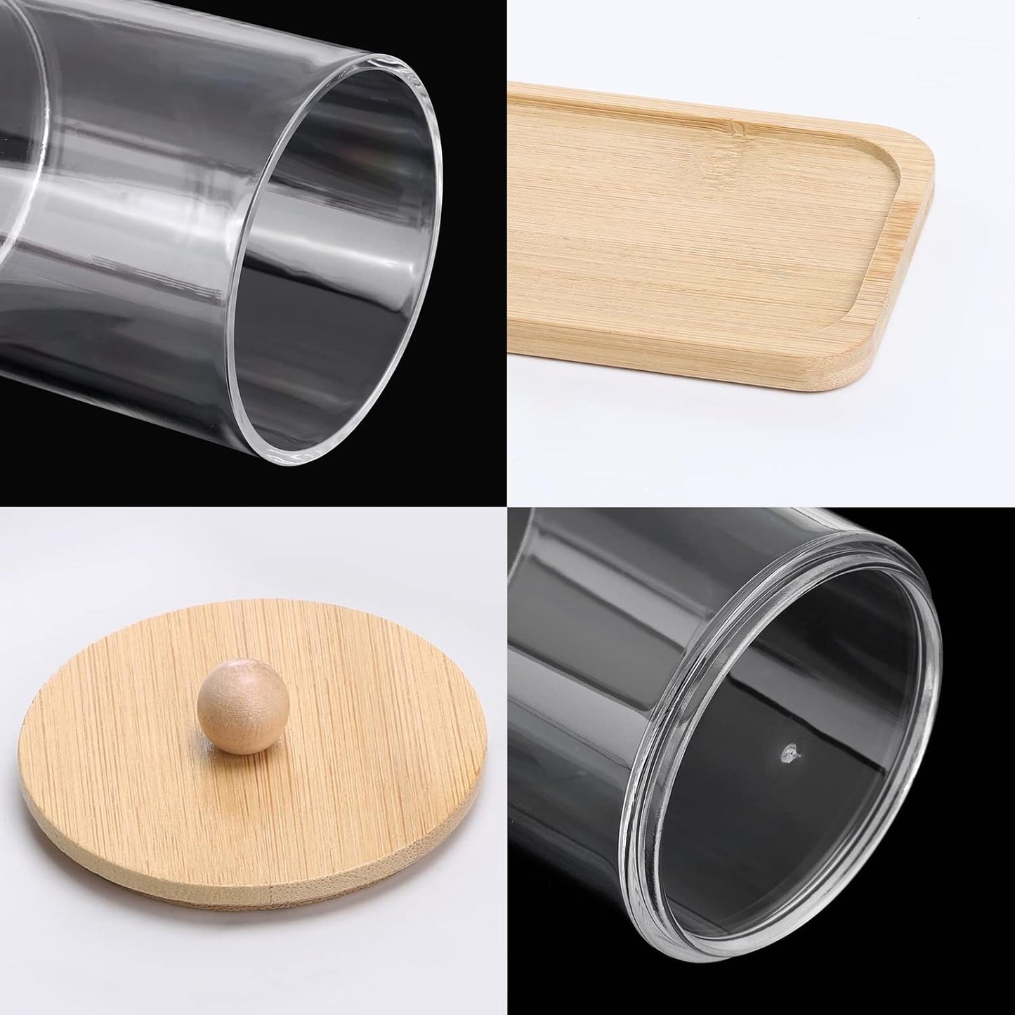 Clear Cotton Swab and Pad Holder Set with Wooden Lids and Vanity Tray, Apothecary Bathroom Storage Containers, 3 Pack - PuriLite