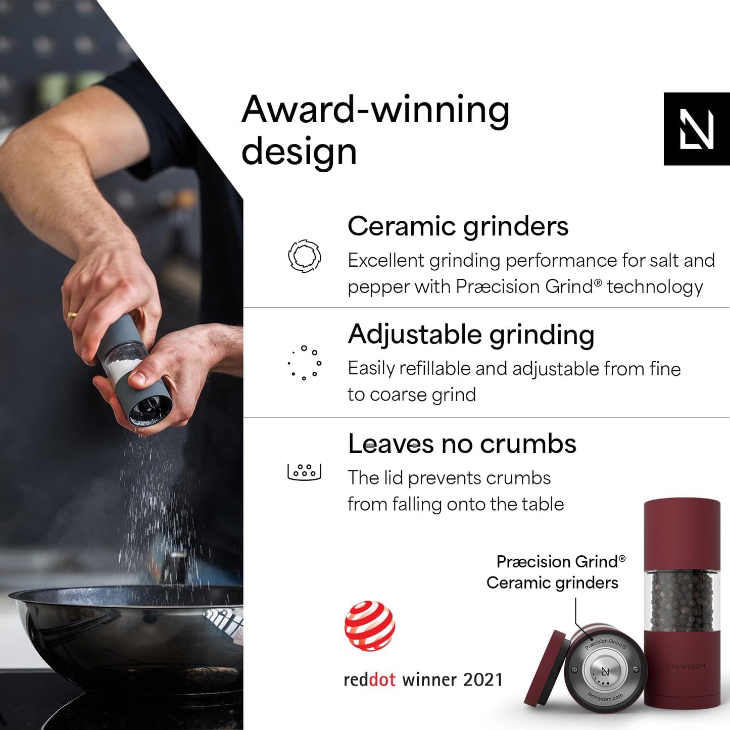 LARS NYSØM Salt and Pepper Grinder Set I Salt and Pepper Mills with Adjustable Ceramic Grinder 2 Pieces I Manual Design Spice Mill Set (Carbon Black)