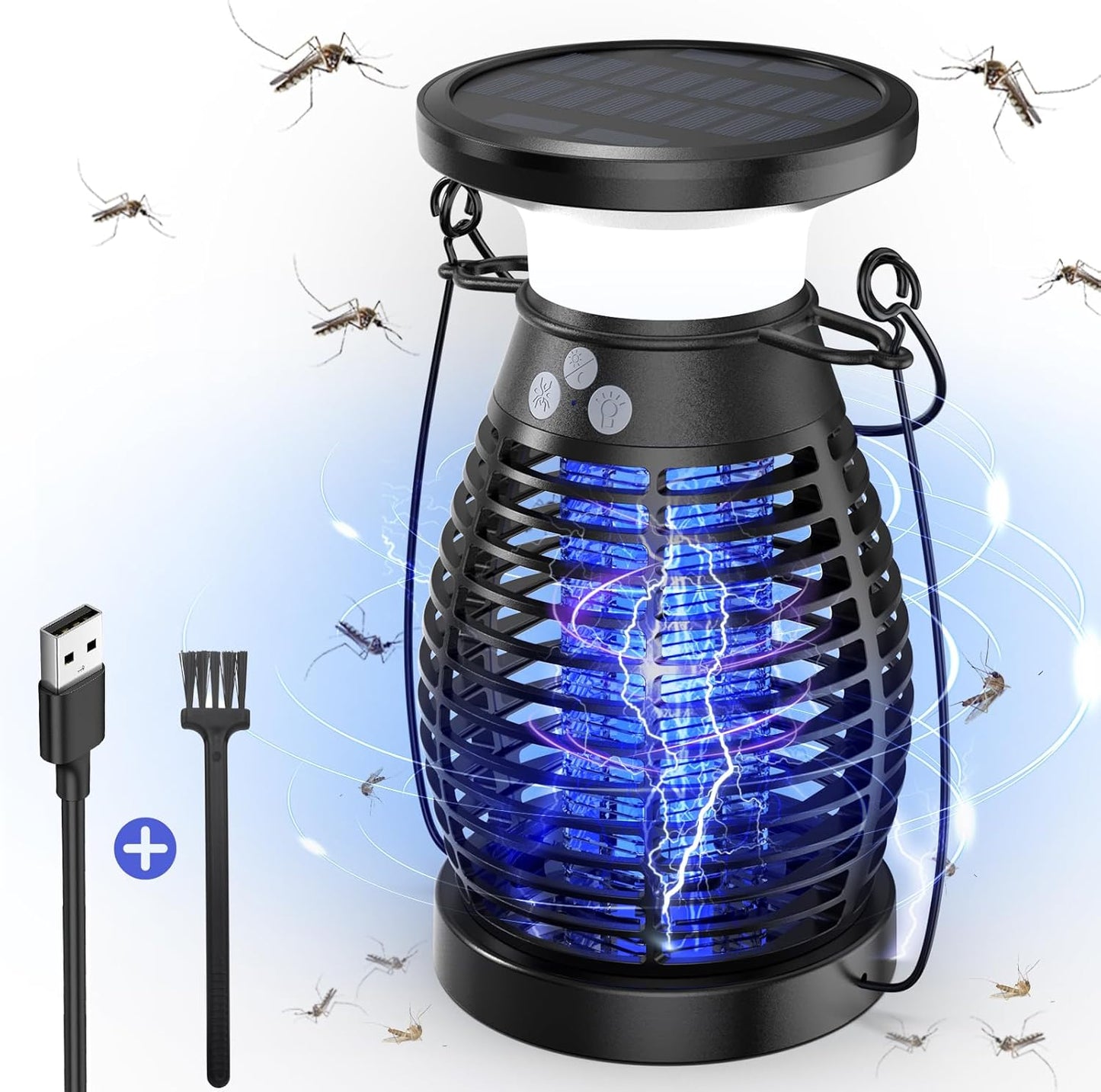 Solar Bug Zapper Indoor, 3 in 1 UV Mosquito Killer Lamp, 4000mAh 4200V Electric Fly Zapper, USB Rechargeable Insect Killer Traps for Office Kitchen Bedroom Garden Camping Outdoor, Black..