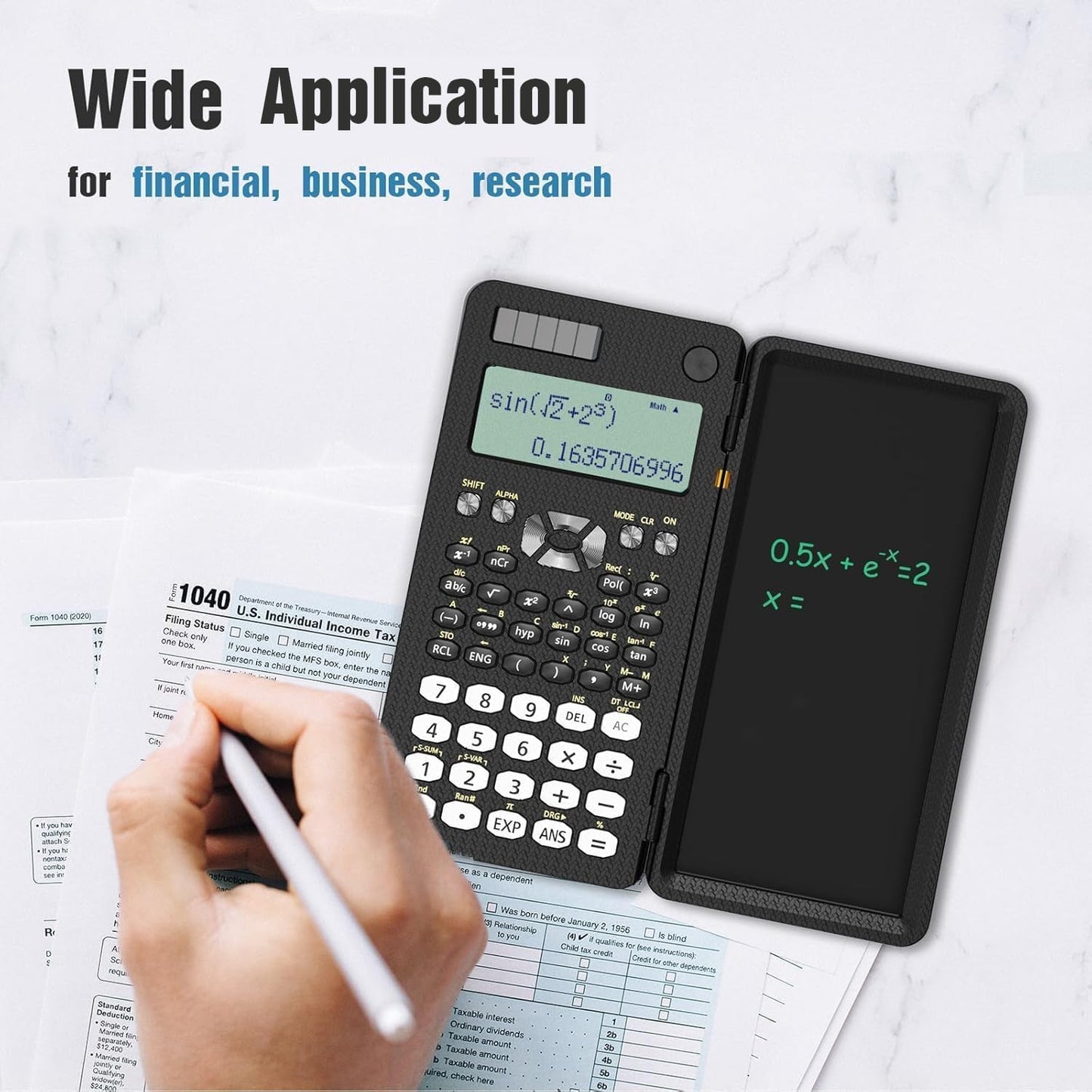 Scientific Calculator with Writing Pad | Foldable 2-Line Display Solar & Battery Powered