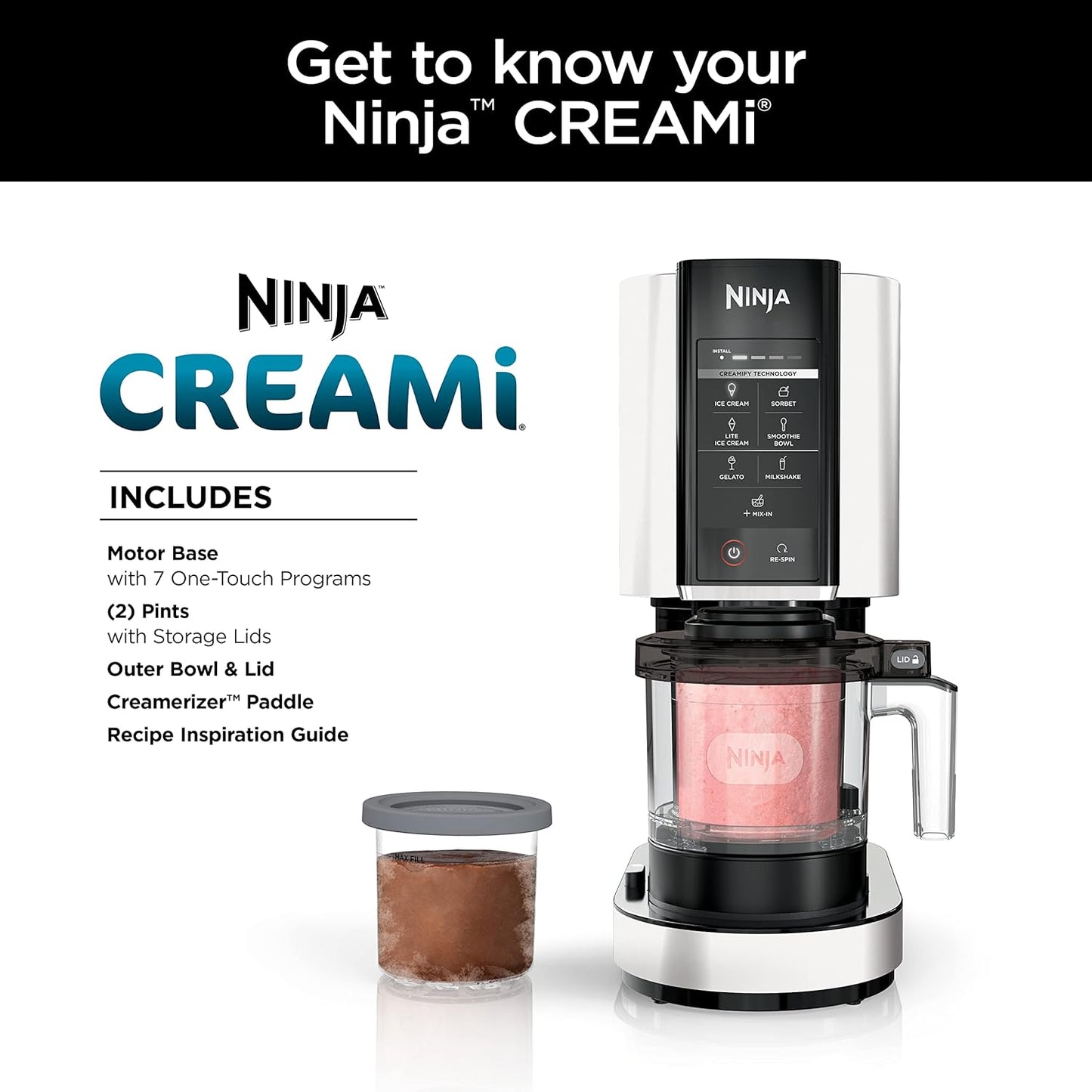 Ninja NC301 CREAMi Ice Cream Maker, for Gelato, Mix-ins, Milkshakes, Sorbet, Smoothie Bowls & More, 7 One-Touch Programs, with (2) Pint Containers & Lids, Compact Size, Perfect for Kids, Silver