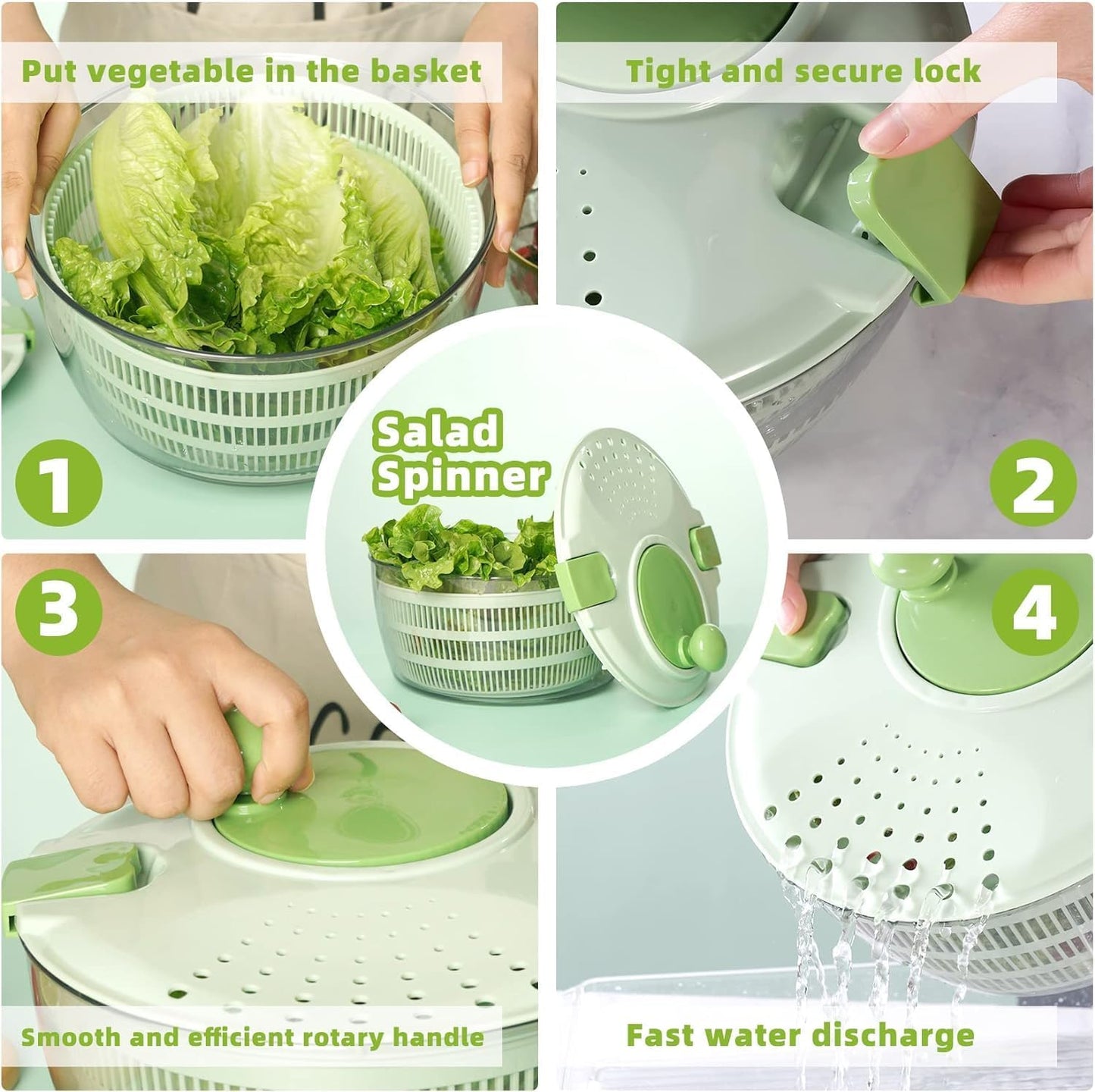 Salad Spinner - Green Salad Spinner Large - 4.2L Lettuce Spinner for Vegetable Washing, Lettuce Dryer with Drain, Bowl, Colander, BPA Free