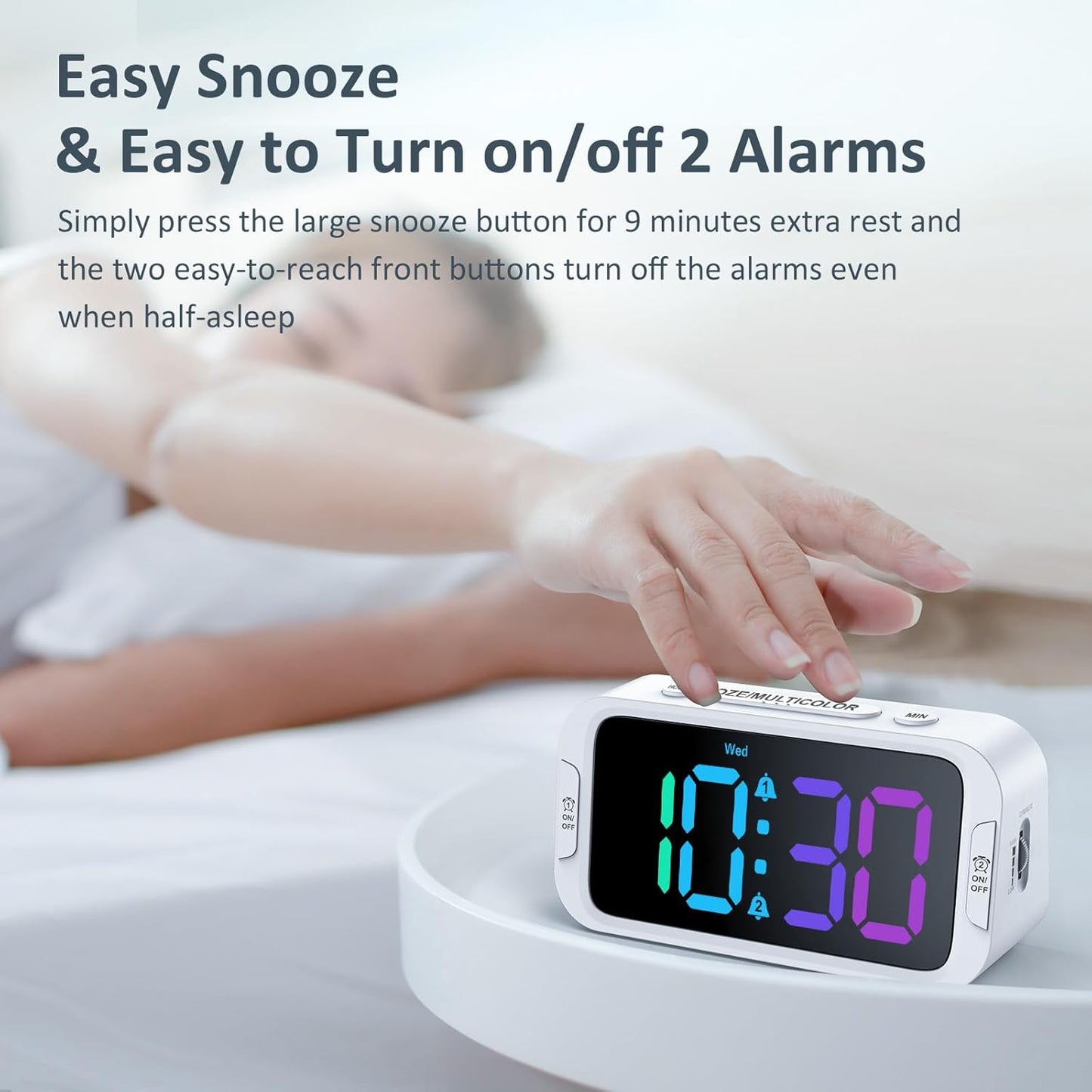 Odokee Digital Dual Alarm Clock for Bedroom, Easy to Set, 0-100% Dimmer, USB Charger, 5 Sounds Adjustable Volume, Weekday/Weekend Mode, Snooze, 12/24Hr, Battery Backup, Compact Clock for Bedside(Blue)