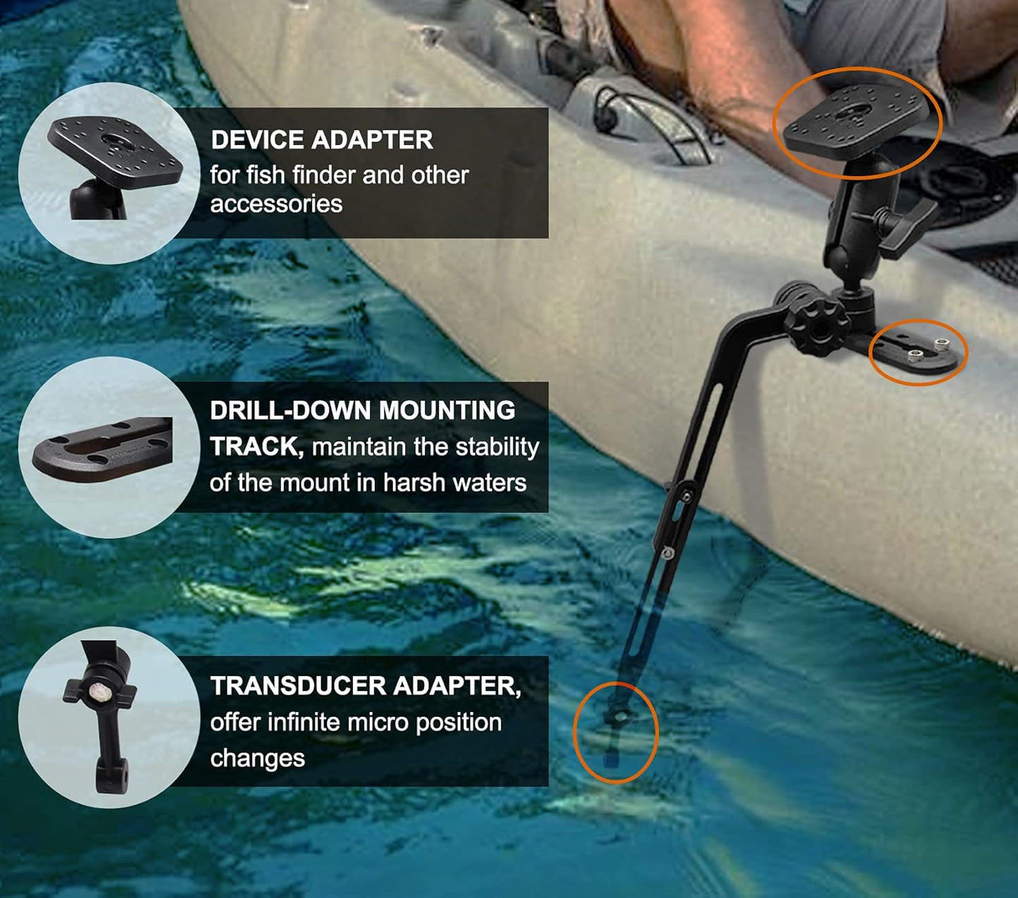 Fish Finder Mount 1.5" Ball Base for Kayak, Marine Electronic Mount for Boat, Universal Mounting Plate, Transducer Mounting Arm, Compatible with Scotty, Lowrance, Garmin Fish Finder