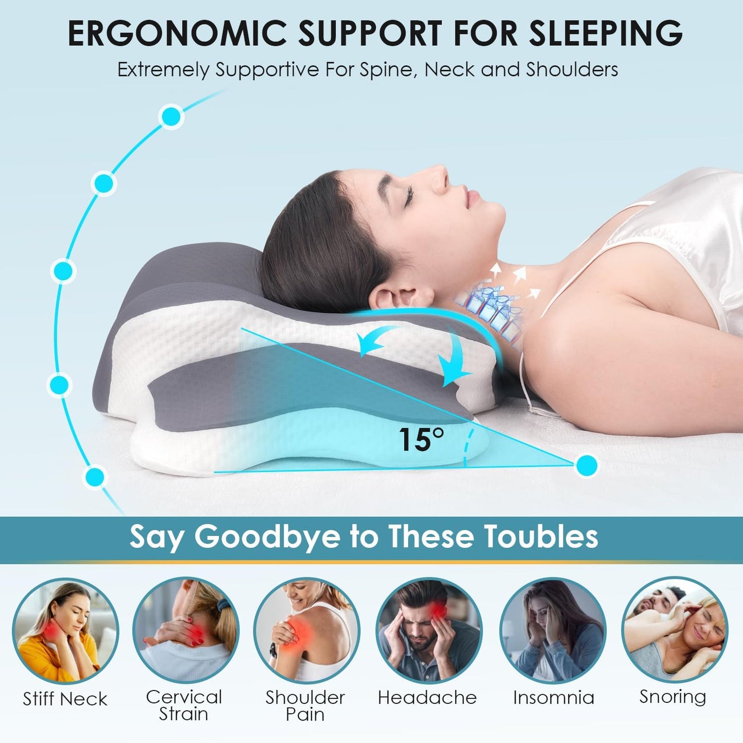 Memory Foam Pillow, 2 in 1 Cervical Pillow for Neck Pain Relief, Ergonomic Neck Support Pillows for Side Back Stomach Sleepers with Comfortable and Breathable Pillowcase