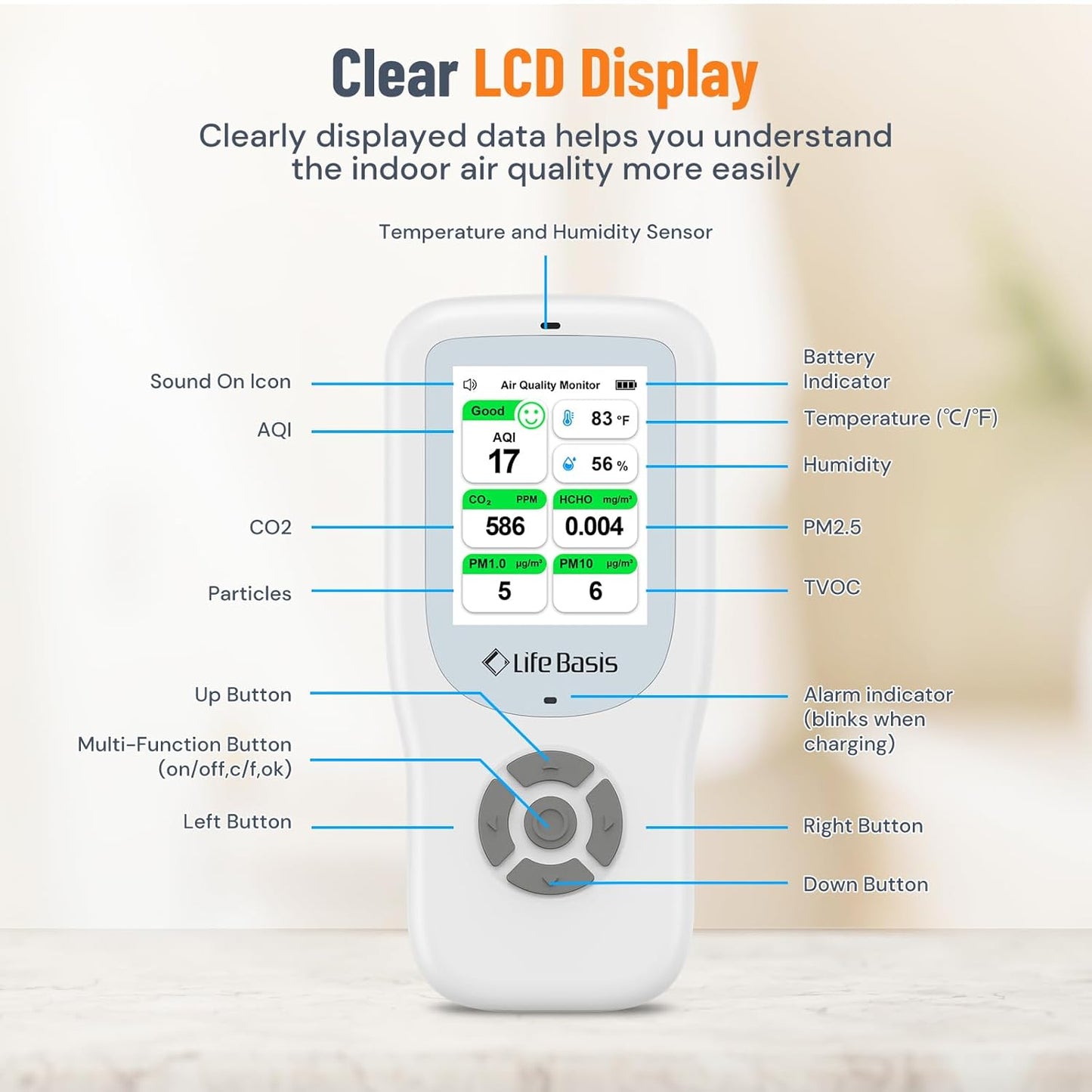 LifeBasis Air Quality Monitor Indoor, 10-in-1 Air Quality Detector with Stand, Real-Time Air Meter Test AQI, PM1.0, PM2.5, PM10, CO2, TVOC, HCHO, Particles, Temperature and Humidity with Alert -Black
