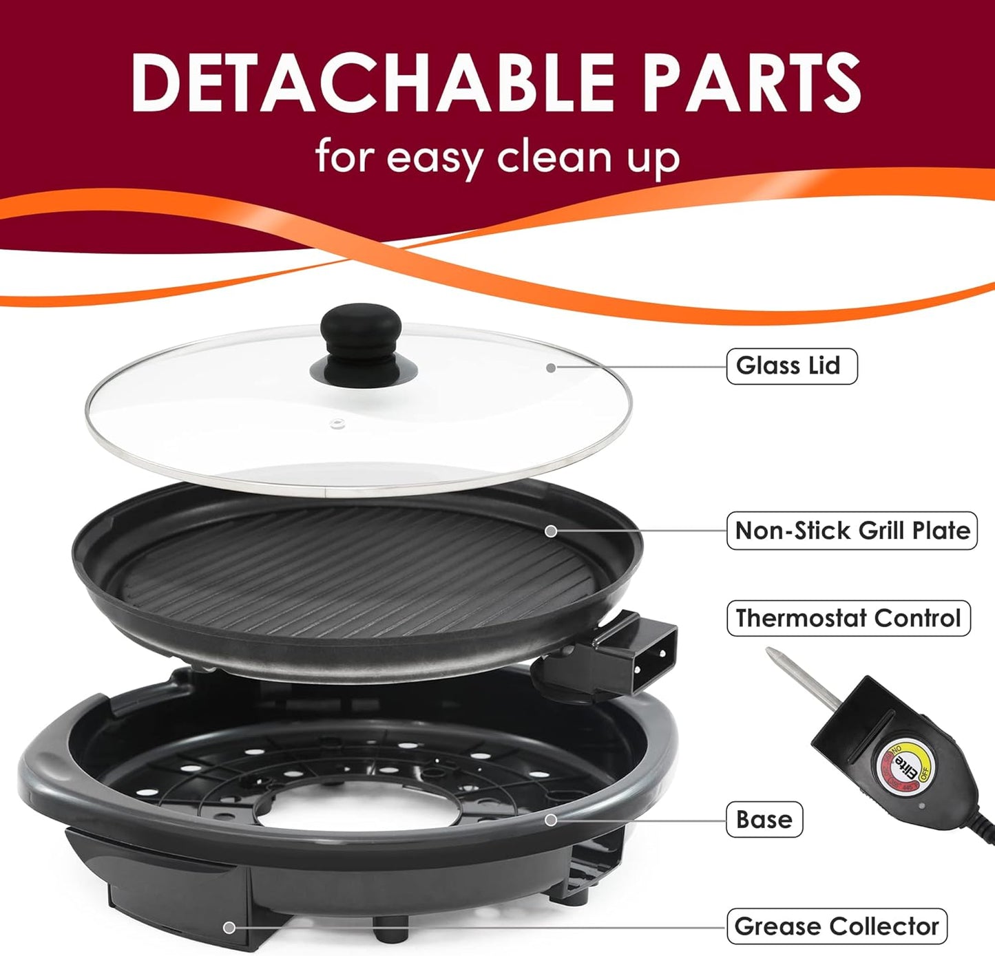 Elite Gourmet EMG6505G Smokeless Indoor Electric BBQ Grill with Glass Lid, Dishwasher Safe, PFOA-Free Nonstick, AdjCatable Temperature, Fast Heat Up, Low-Fat Meals Easy to Clean Design