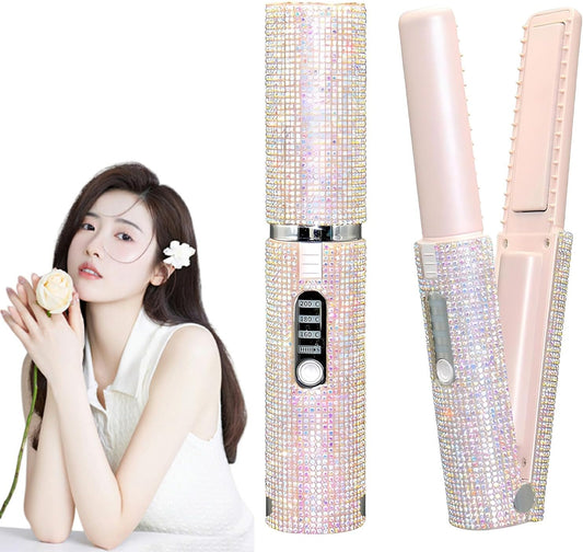2-in-1 Cordless Hair Straightener and Curler, 2025 New Portable Mini Cordless Flat Iron For All Hair Types, Straight and Curly-Purpose Curling Rod (Pink)