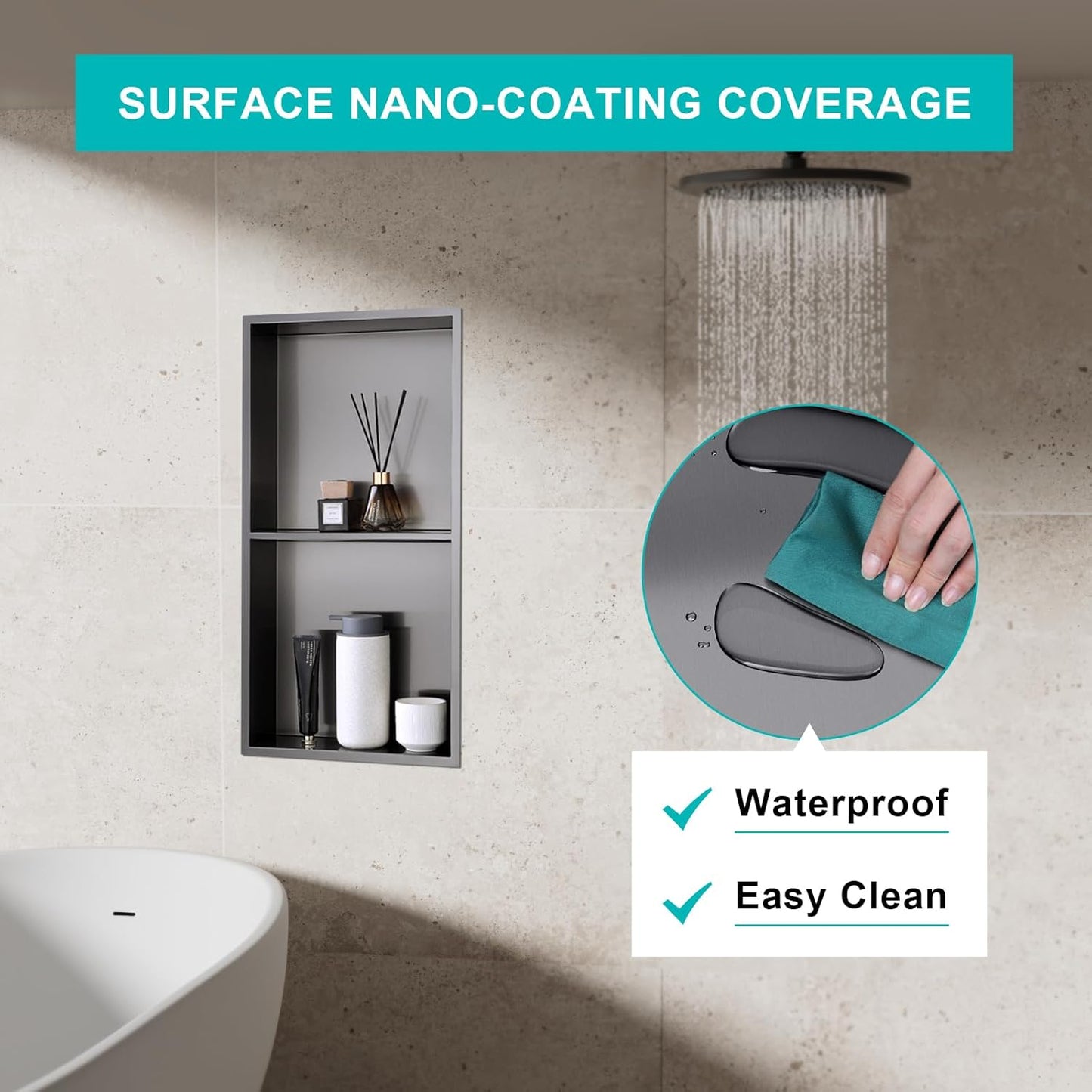 MENATT No Tile Shower Niche, Stainless Steel Wall Niche 13"X19"(Inner Size 12"X18"), Two-Tier Bathroom Shelf, NO Tile Needed Recessed Niche Shower for Bathroom Storage, Black