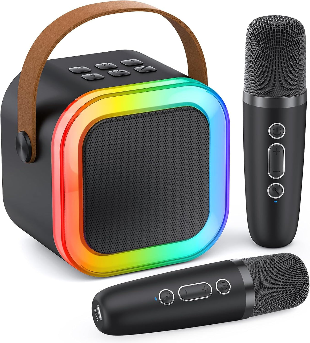 Peski Portable Bluetooth Mini Karaoke Machine for Kids & Adults – Singing Speaker with 2 Wireless Mics, Magic Voice Effects, Disco Lights, Rechargeable Battery, Compatible with Smartphones, USB, TF Card, AUX – Black - PuriLite