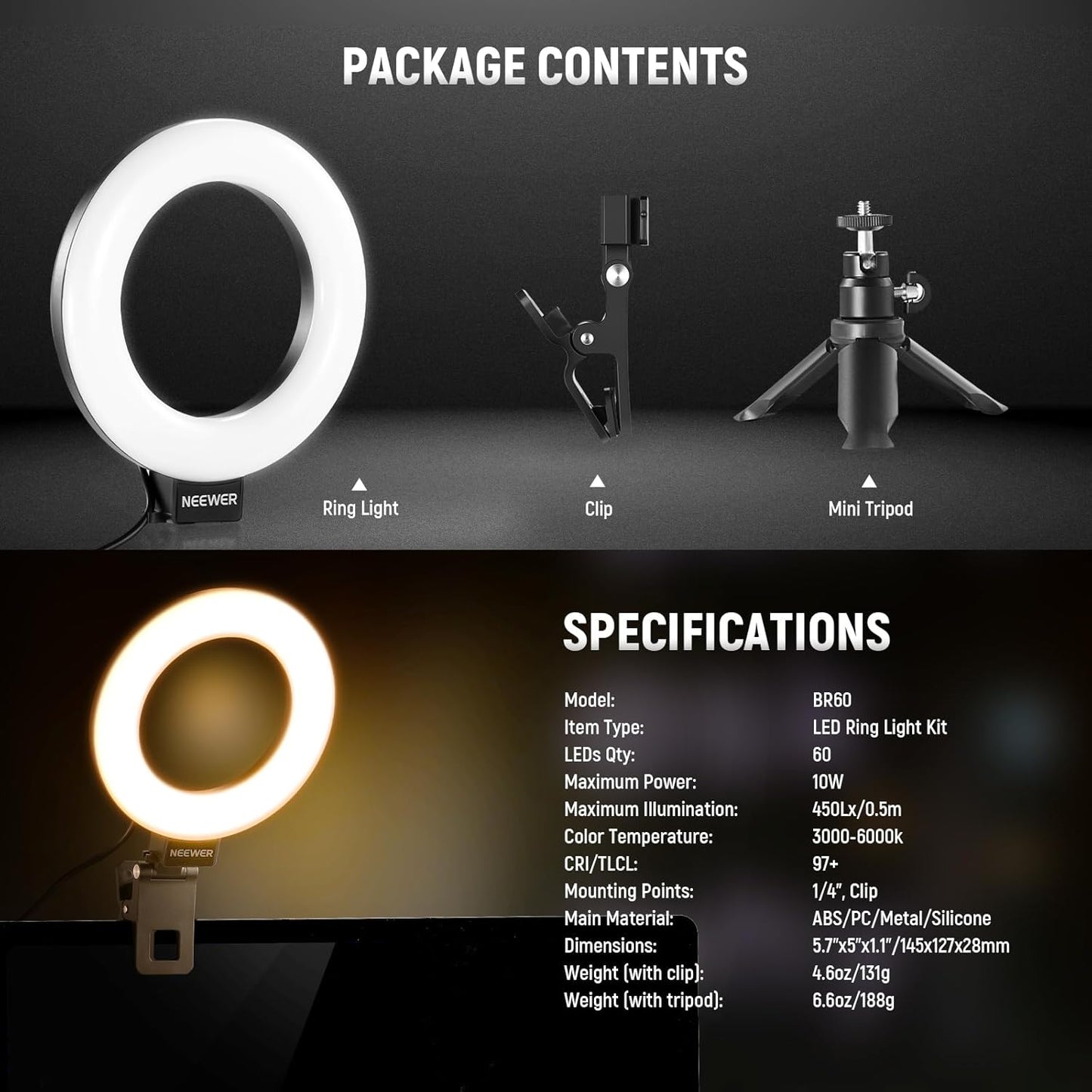 NEEWER BASICS 5" Ring Light for Video Conference Lighting, Clip on Light Kit with Desk Tripod for Monitor Laptop Computer Zoom Call Live Streaming Remote Working Learning Video Recording, BR60
