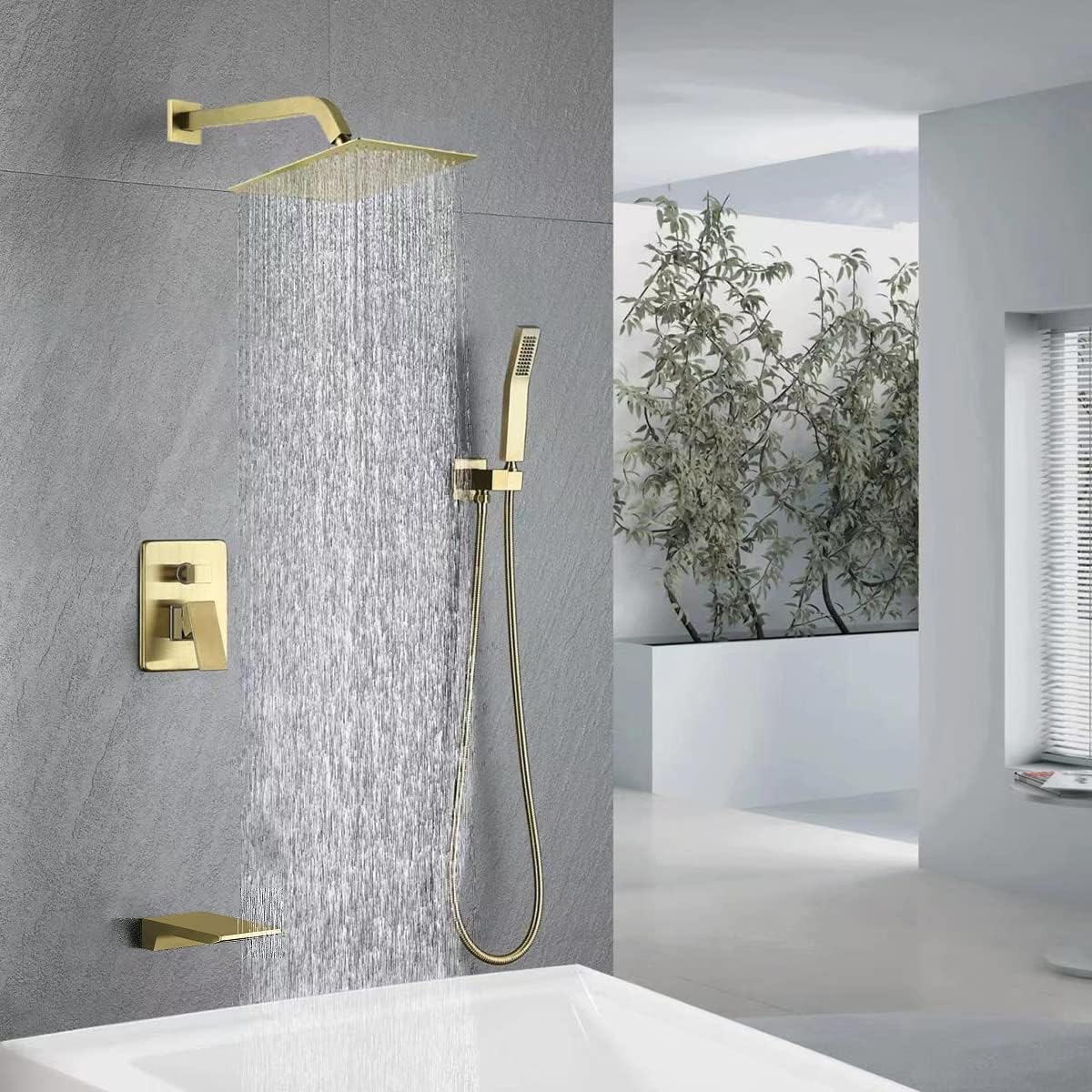 Bathtub Shower System Matte Black Tub Shower Faucet Complete Set with 10 Inch Rain Head with Handheld and Waterfall Shower Faucet Combo