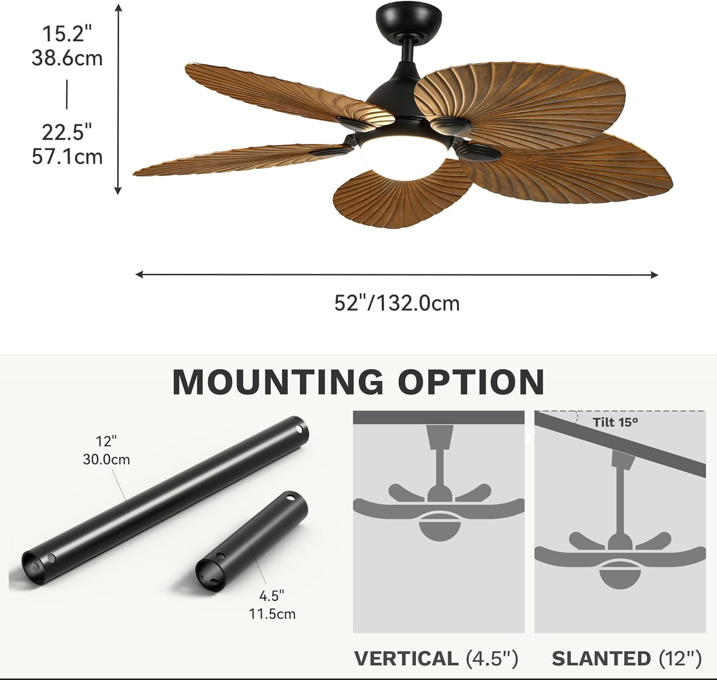 DWVO 52" Ceiling Fans with Lights, Tropical Ceiling Fan with Lights and remote, LED Tri-Color Temperature, Reversible 6 Speeds w/Quiet DC Motor for Living Room, Dining Room, Bedroom