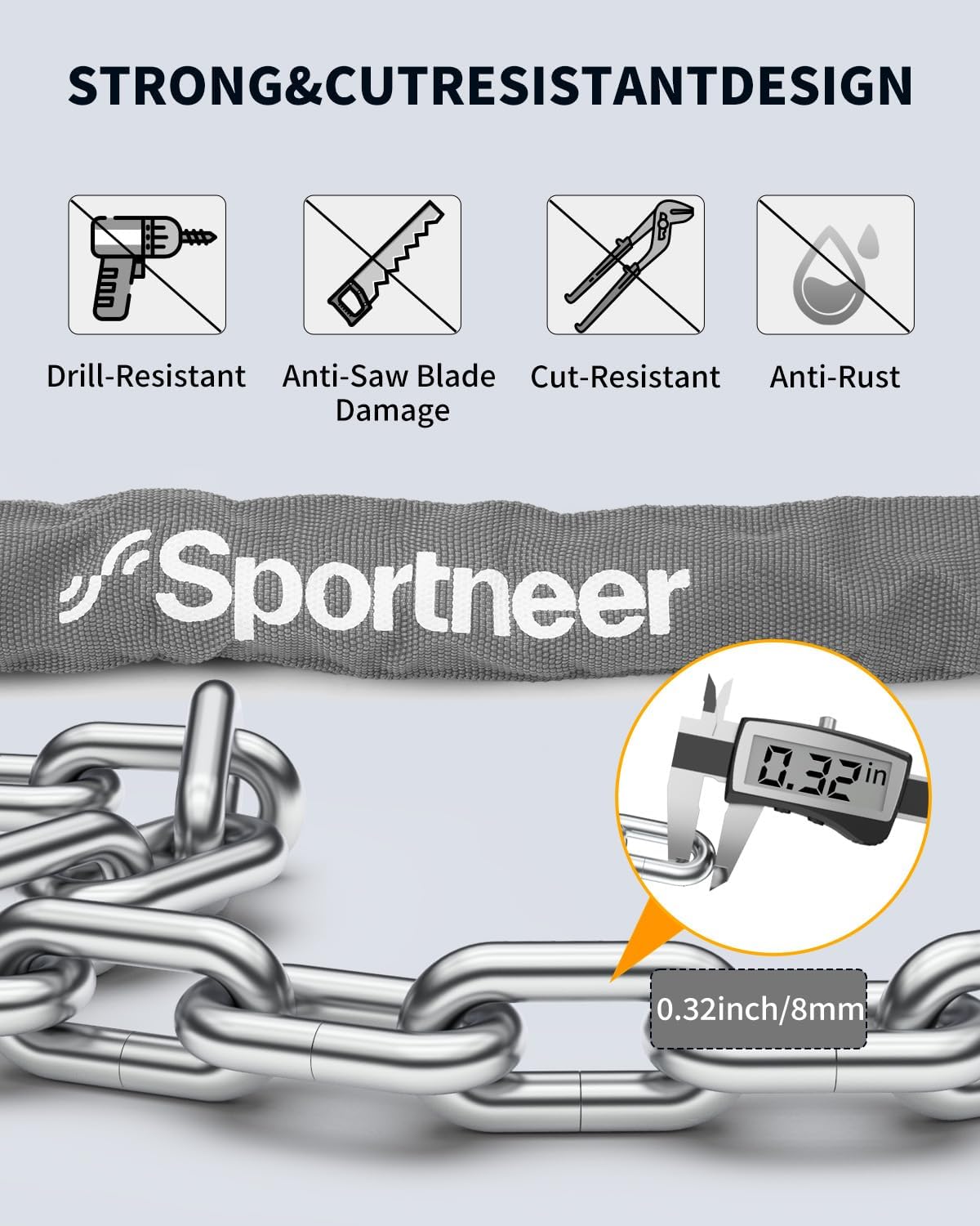 Sportneer Bike Lock Anti-Theft Bicycle Chain Lock Heavy Duty 0.32inch/8mm Thicker Motocycle Lock High Security with 2 Keys for Bike, Scooter, Moto, Door, Gate Fence