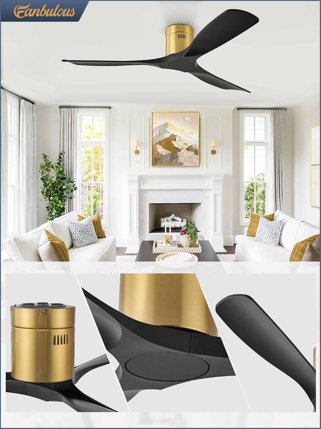 Fanbulous 52" Ceiling Fans with Lights and Remote Control,Modern Flush Mount Ceiling Fan with 3 LED Colors,Outdoor Low Profile Ceiling Fans with 6-Speeds Timer DC Motor for Bedroom Living Room Patio