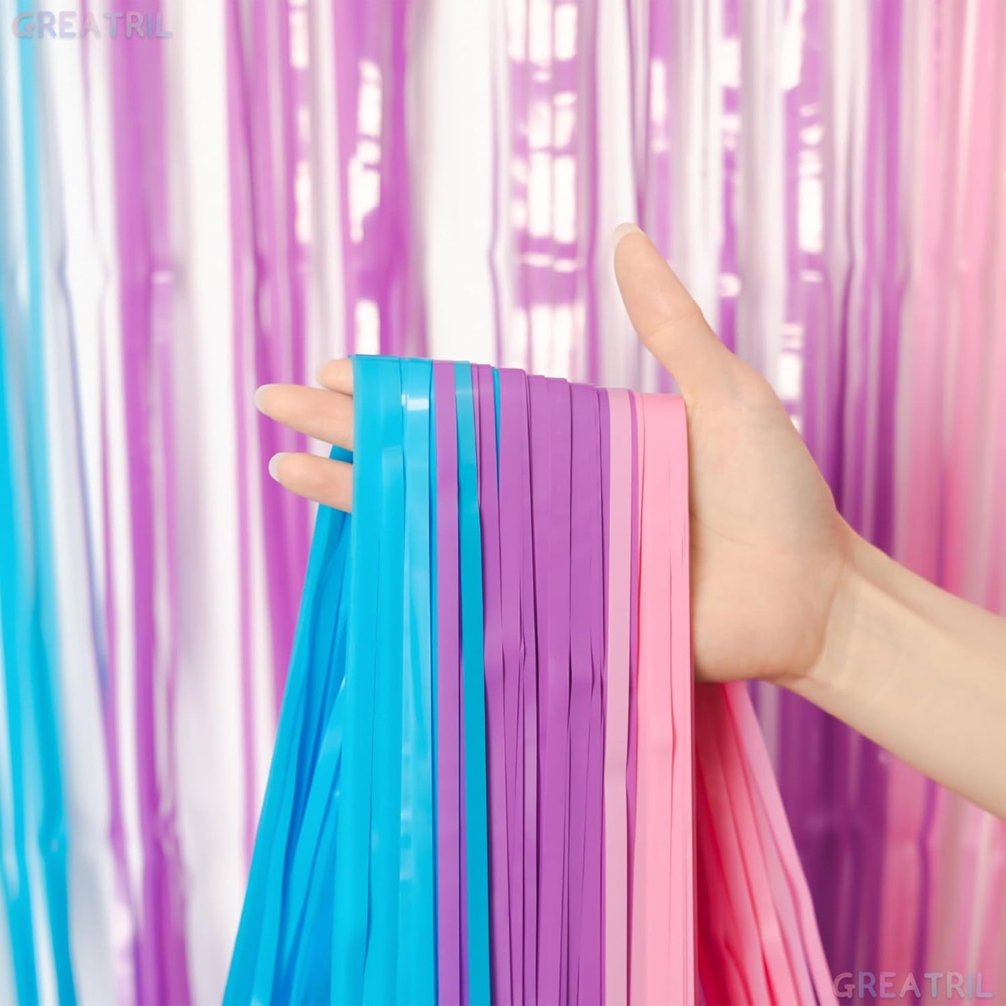 GREATRIL Iridescent Party Tinsel Fringe Backdrop Decorations - Holographic Foil Streamers Curtain for Mermaid/Under The Sea/Frozen/Ocean/Disco/Birthday Themed 3.2ft x 6.5ft - 2 PCS