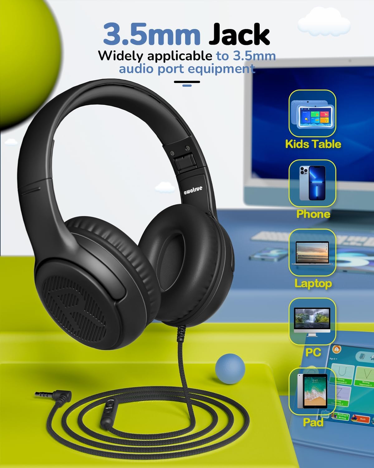 awatrue Kids Headphones with Microphone, Wired Headphones for Kids 85/94dB Safe Volume Limit, Over Ear Headsets, Boys Girls Childrens Headphones for School/Travel/Fire Tablet/BlueOrange