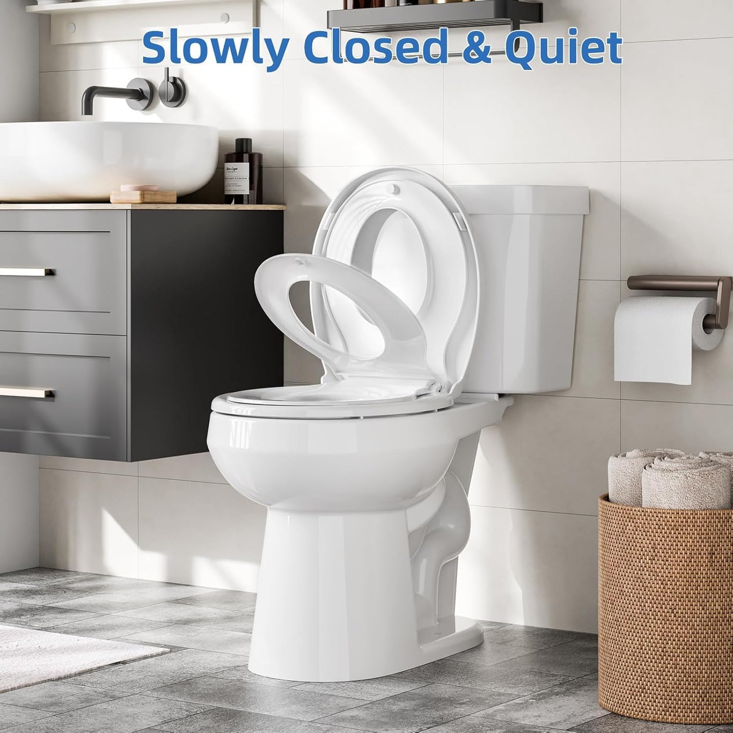 Homfan Elongated Soft-Close Toilet Seat with Built-in Toddler Potty Training Seat – Easy Installation, Durable & Quiet Close, Fits Adult & Child, Includes Quick-Detach Hinges