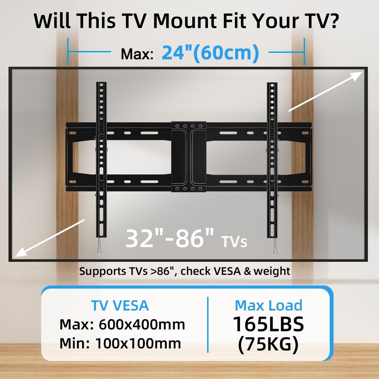 HOME VISION TV Wall Mount Tilt for Most 32-84 inch Flat Curved TV, Low Profile Tilting Wall Mount TV Bracket Fits 16”-18”-24” Wood Stud, Max VESA 600X400mm, Up to 165lbs, Quick Release