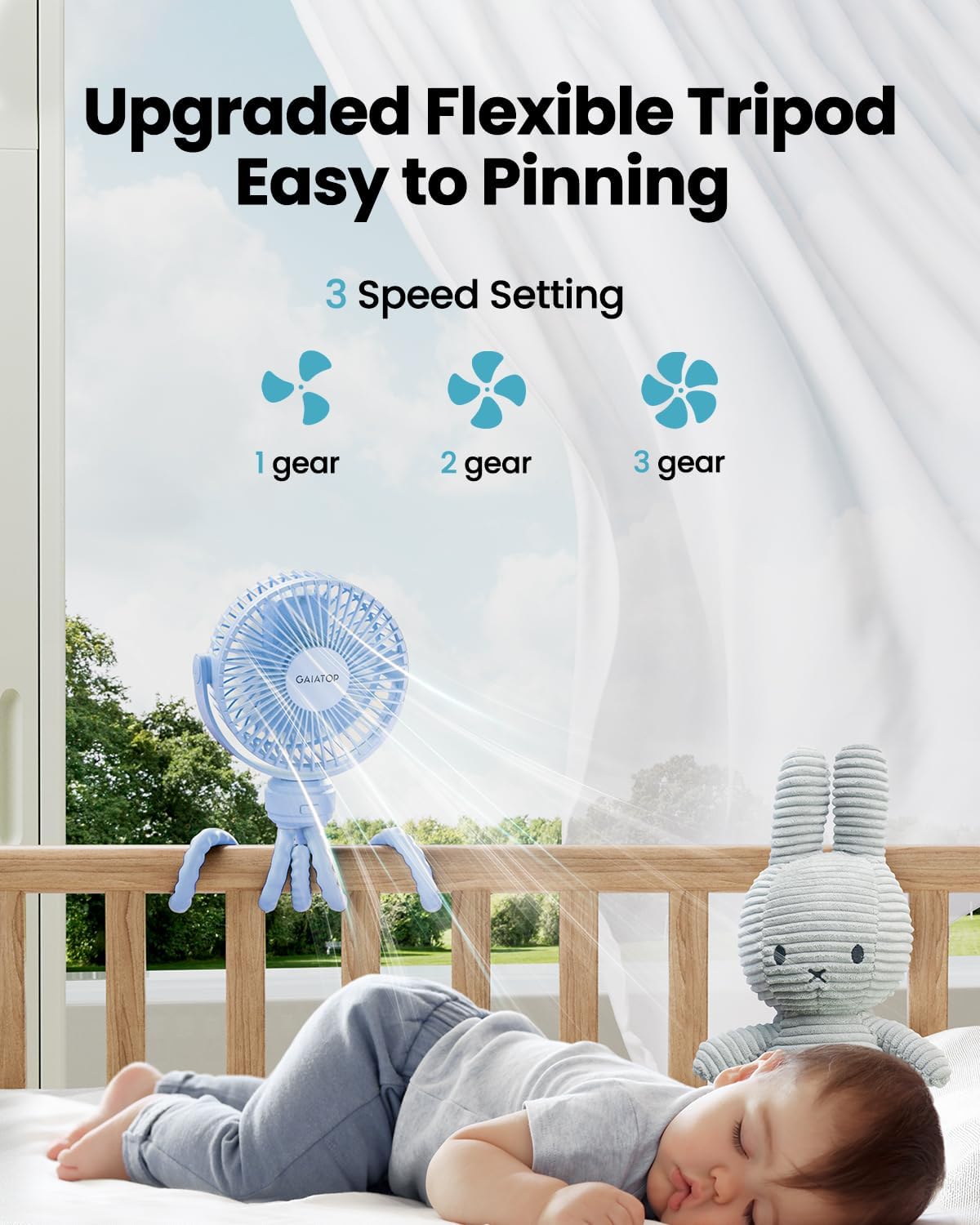 Gaiatop Mini Portable Pram Fan, Rechargeable Small Clip on Fan for Stroller, Detachable 3 Speed 360 Degree Rotate Flexible Tripod Handheld Desk Cooling Car Seat Crib Treadmill Travel Black