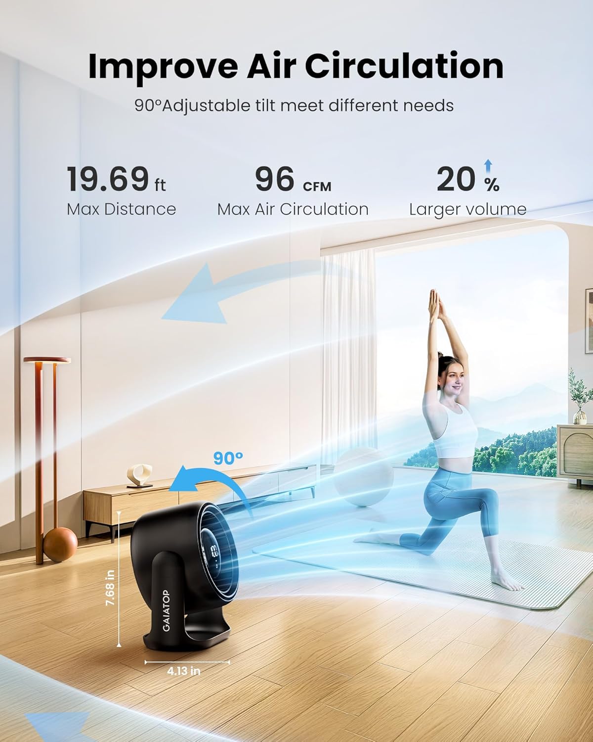 Gaiatop 7.7-Inch Rechargeable Desk Fan with Touch Control – Ultra Quiet USB-C Desktop Fan with 4000mAh Battery, 5 Speeds, LED Display & 90° Adjustable Tilt - PuriLite