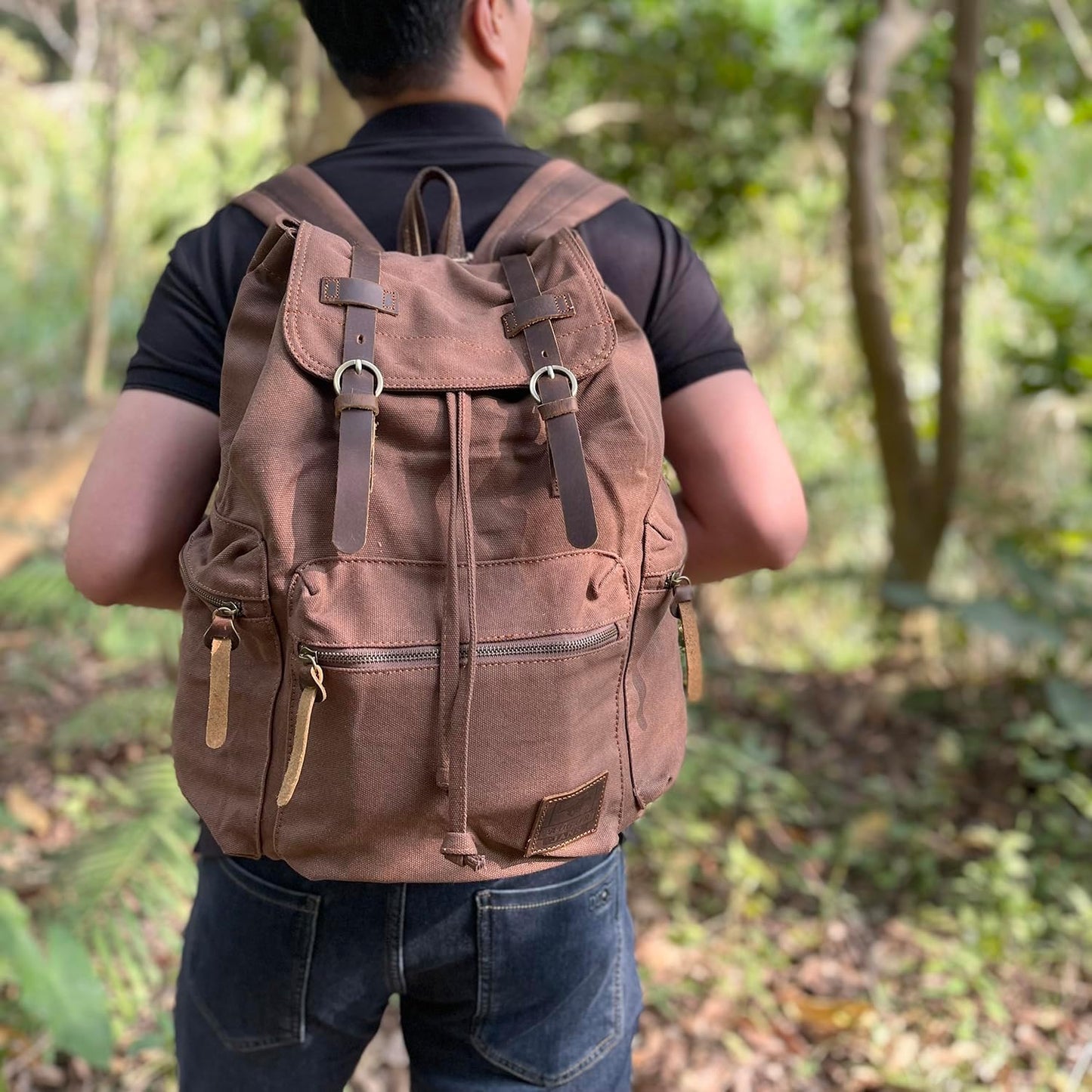 AUGUR Canvas Backpack,17 inch Laptop Backpack Vintage Canvas Leather Backpacks Casual School College Bag Pack Bookbag Hiking Travel Rucksack Daypack (L-Coffee)