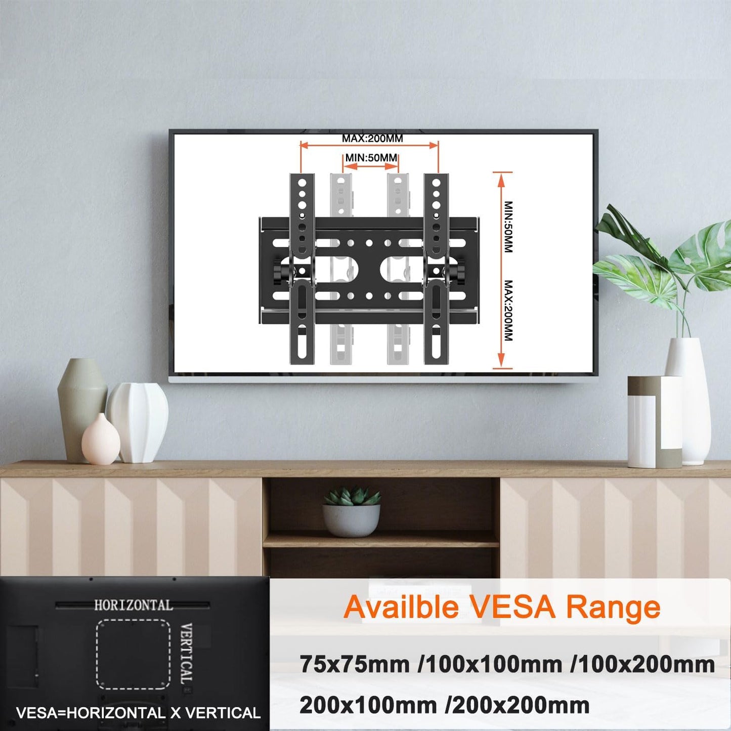 SJBRWN Tilt TV Wall Mount for Most 14-42 Inch Flat Curved Screen TVs Monior, Up Down 15° Support TV Mural, Fits 24 32 40" Max VESA 200x200mm Holds up to 55lbs, Low Profile Small Wall Mount TV Bracket
