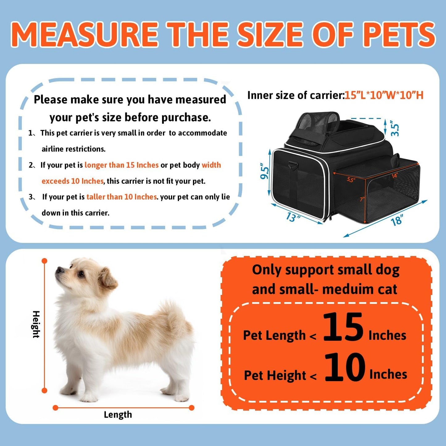 Petskd Top and Side Expandable Pet Carrier 17x12x8.5 Inches JetBlue Frontier Spirit Airline Approved, Soft-Sided Carrier for Small Cats and Dogs with Locking Safety Zipper and Anti-Scratch Mesh(Black)