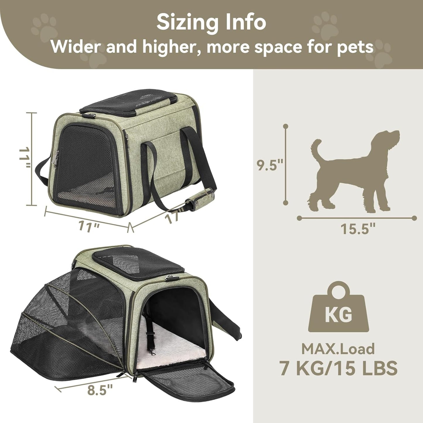Petsfit Expandable Cat Dog Carrier Airline Approved, 17" L x 11" W x 11" H Soft-Sided Portable Pet Travel Carrier for Kitten, Puppy, Removable Soft Plush Mat and Pockets, Auto-Locking Zippers